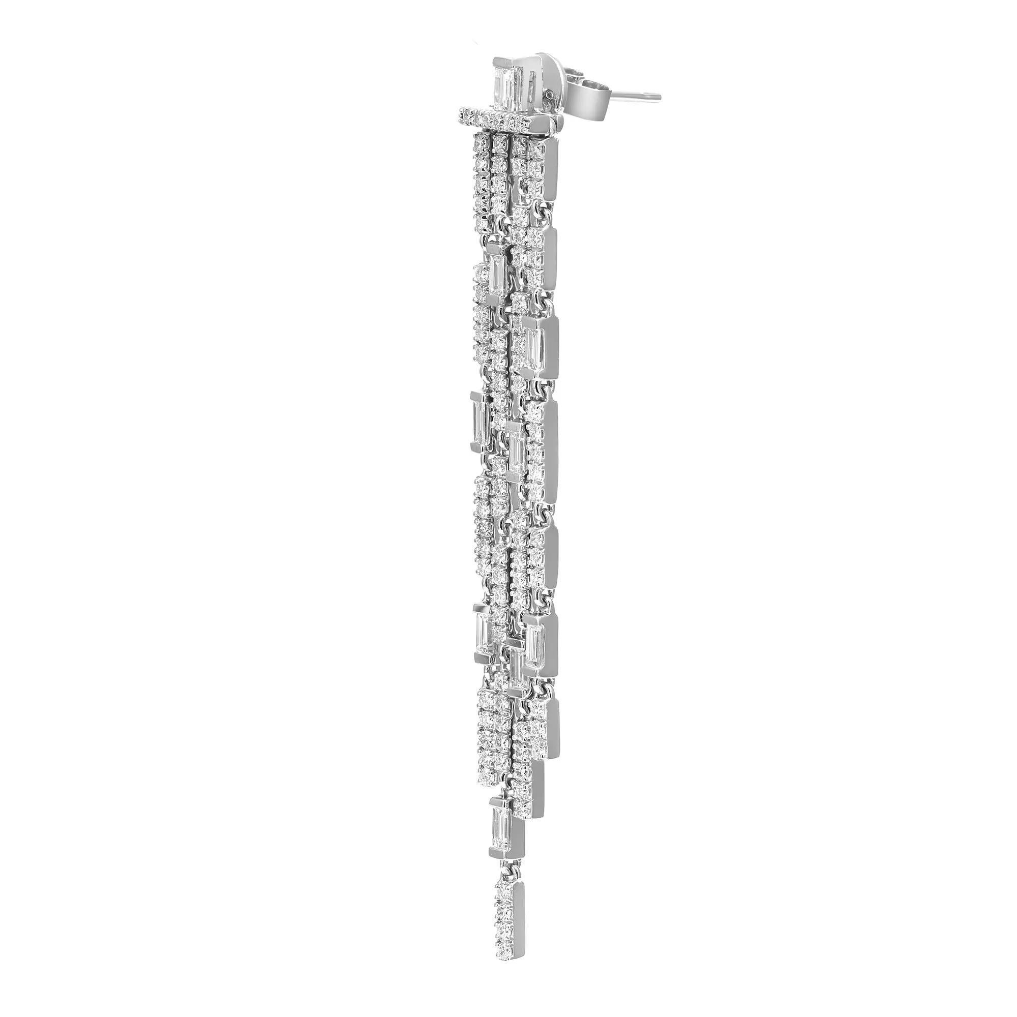 Modern 2.65Cttw Baguette And Round Cut Diamond Long Drop Earrings 18K White Gold For Sale