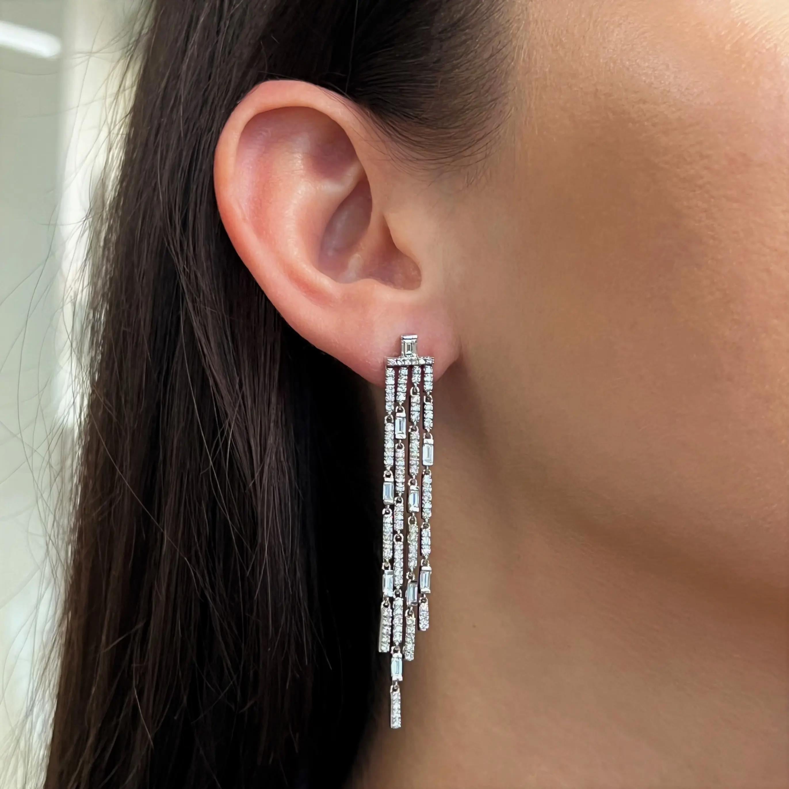 2.65Cttw Baguette And Round Cut Diamond Long Drop Earrings 18K White Gold In New Condition For Sale In New York, NY