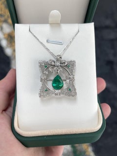 2.65tcw Colombian Emerald & Diamond Pendant  14K Gold Pear Cut Vintage Brooch