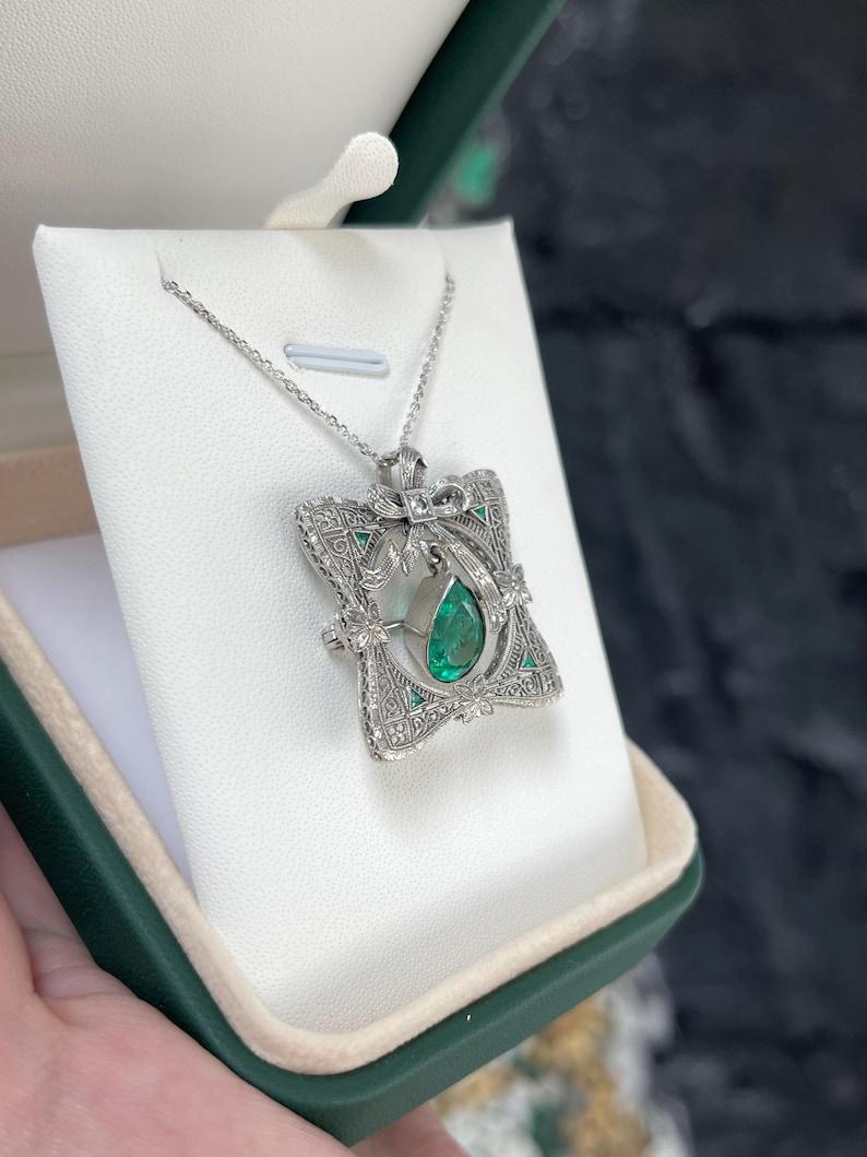 Modern 2.65tcw Colombian Emerald & Diamond Pendant  14K Gold Pear Cut Vintage Brooch For Sale