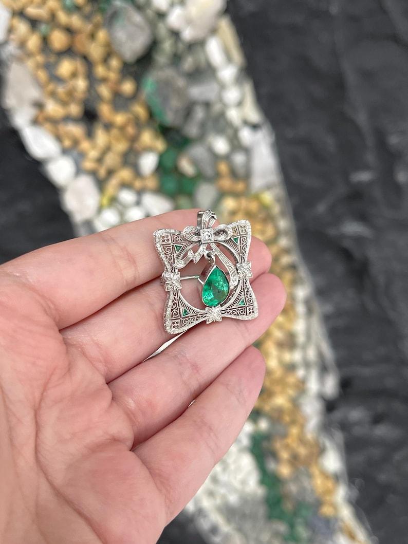2.65tcw Colombian Emerald & Diamond Pendant  14K Gold Pear Cut Vintage Brooch For Sale 1