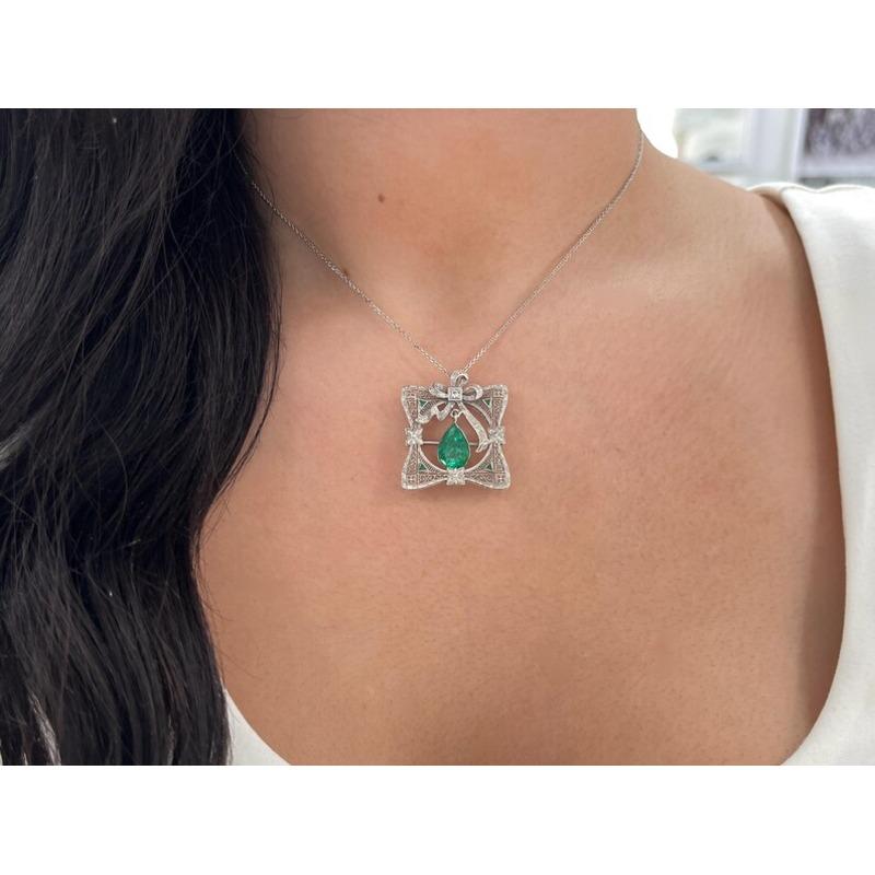 2.65tcw Colombian Emerald & Diamond Pendant  14K Gold Pear Cut Vintage Brooch For Sale 2