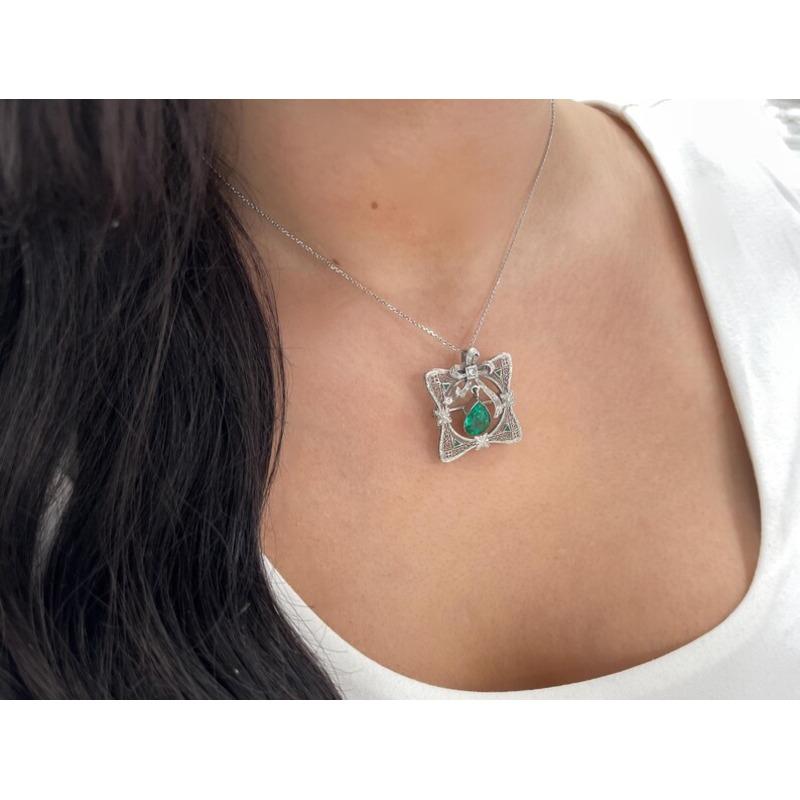 2.65tcw Colombian Emerald & Diamond Pendant  14K Gold Pear Cut Vintage Brooch For Sale 3