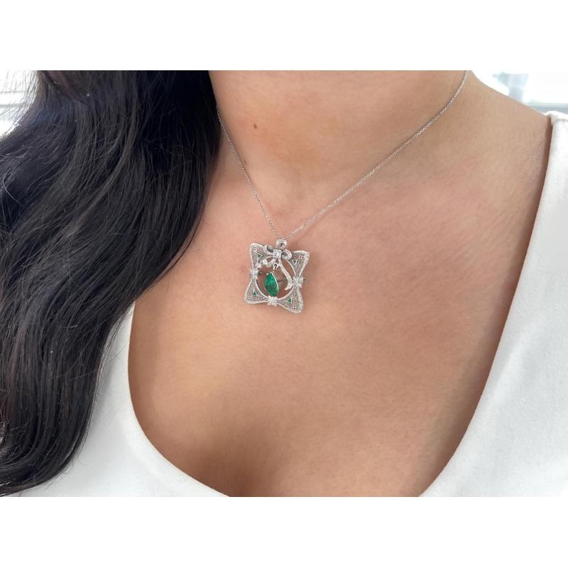 2.65tcw Colombian Emerald & Diamond Pendant  14K Gold Pear Cut Vintage Brooch For Sale 4
