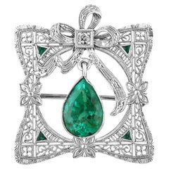 2.65tcw Colombian Emerald & Diamond Pendant  14K Gold Pear Cut Vintage Brooch