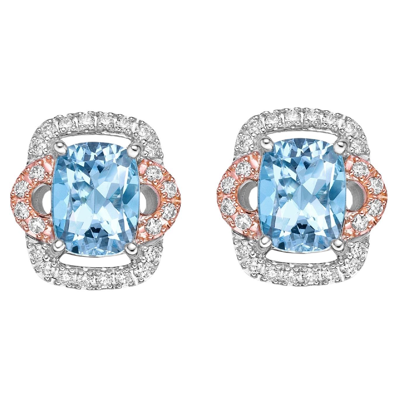 Clous d'oreilles aigue-marine de 2,66 carats en or rose blanc 18 carats avec diamants