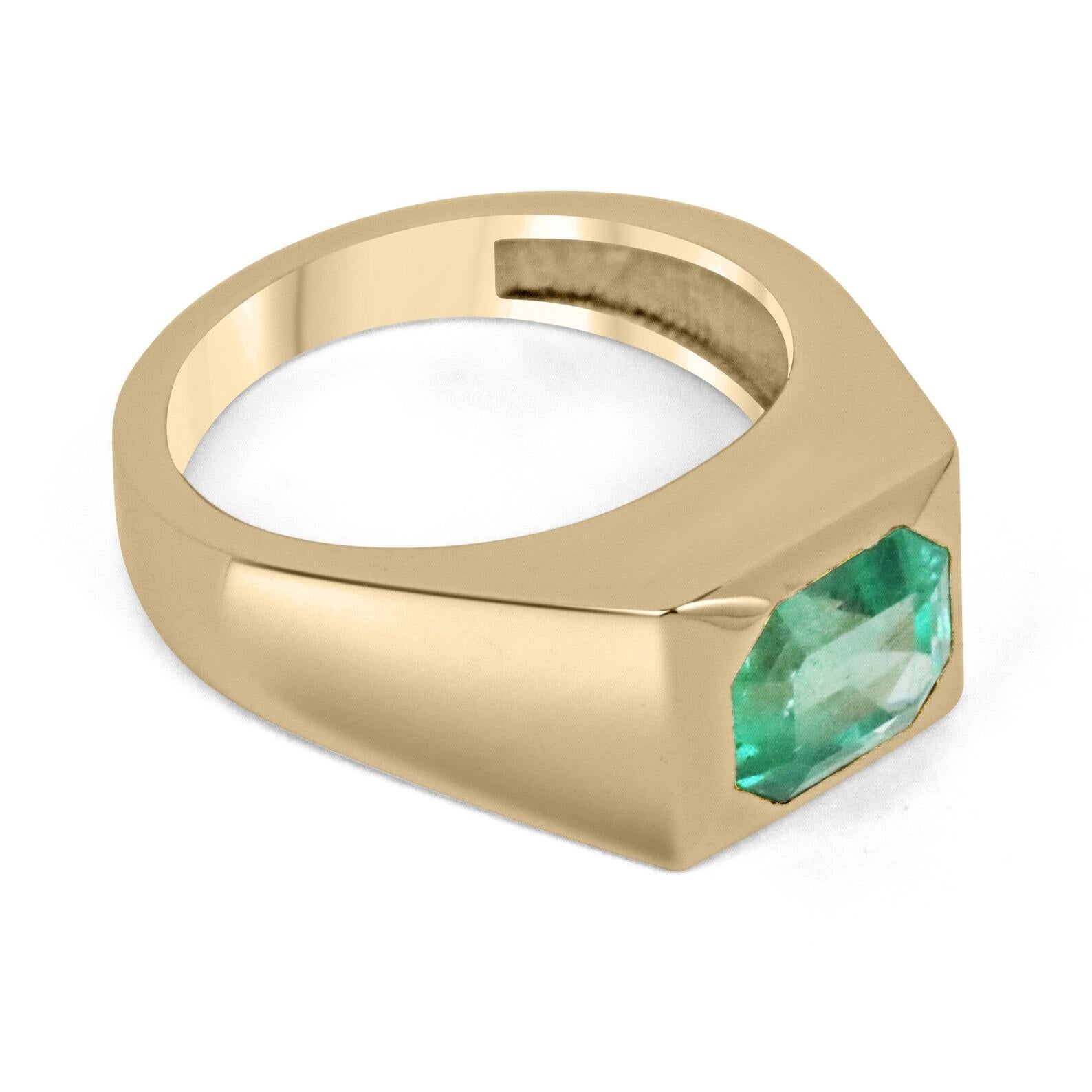 A gorgeous and chunky solitaire emerald ring. This luminous piece features a 2.66-carat, natural Colombian emerald asscher cut with remarkable characteristics such as its vivacious spring medium green color, excellent luster, and very good eye