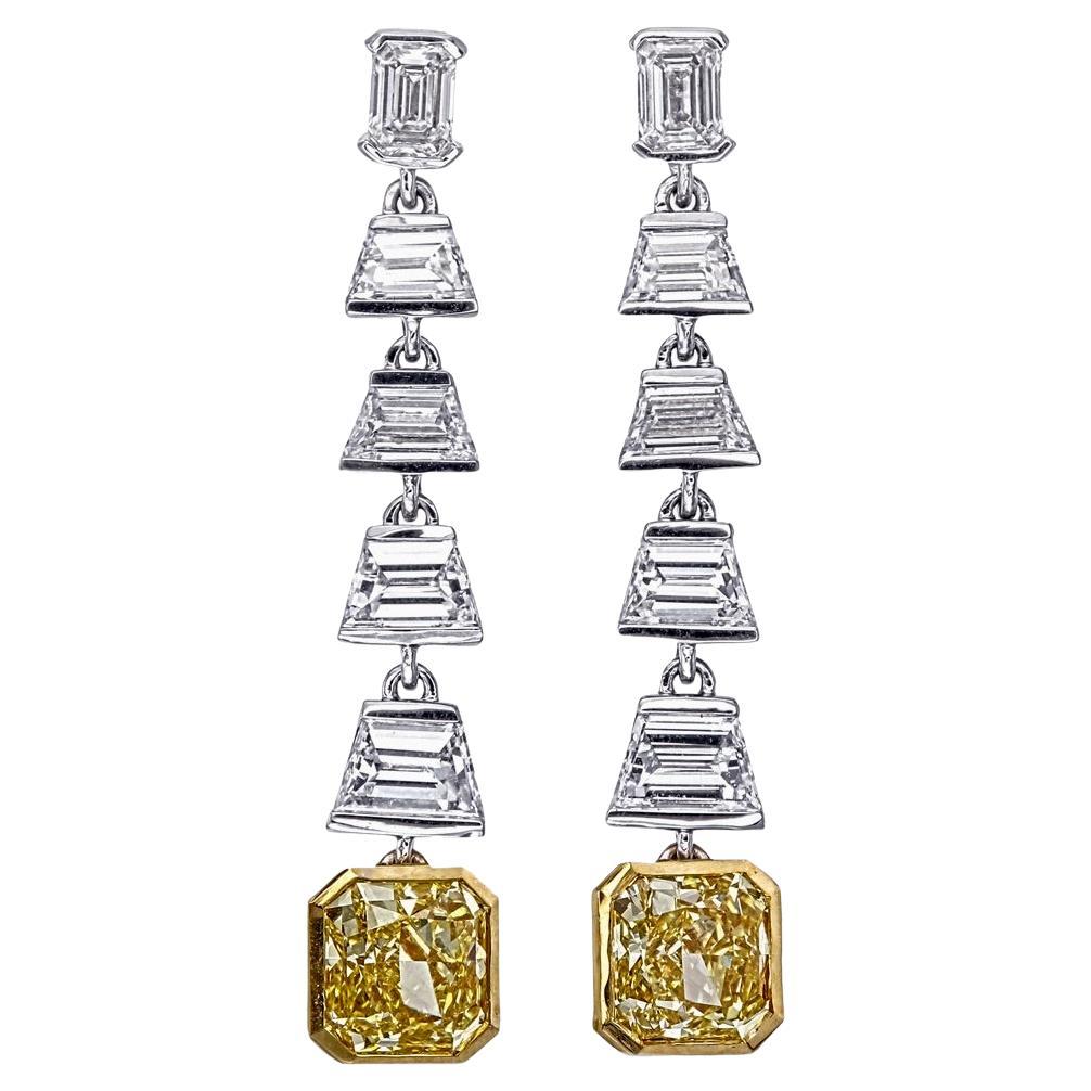 2.66 Carat Cushion Cut Yellow Diamond Earrings in 18 Karat White Gold