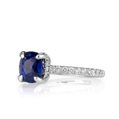 2.66 Carat Cushion Diamond Ring Royal Blue Sapphire 14K Gold Modern Nobility