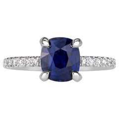 2.66 Carat Cushion Diamond Ring Royal Blue Sapphire 14K Gold Modern Nobility