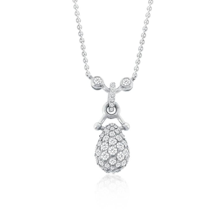 2.66cts Diamond Drop Necklace in 18Kt White Gold with Palladium Alloy. Comes on an 17 inches chain with a lobster clasp. 
The pendant is made in Canada and the chain is made in Germany. 

The pendant is set with 90 round brilliant cut diamonds,