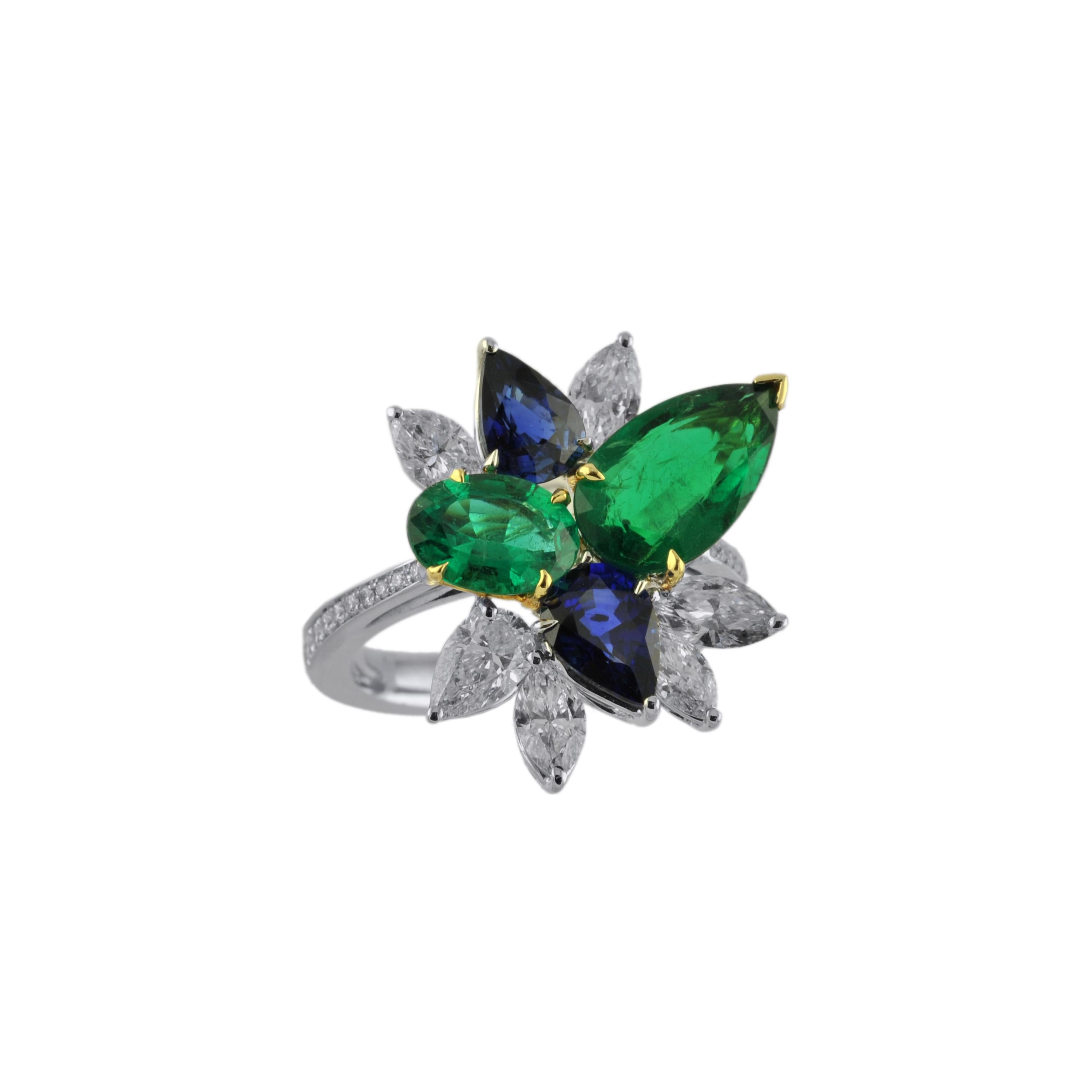 2, 66 Carat Emerald, 1, 66 Sapphire 18 Karat White Gold Ring For Sale