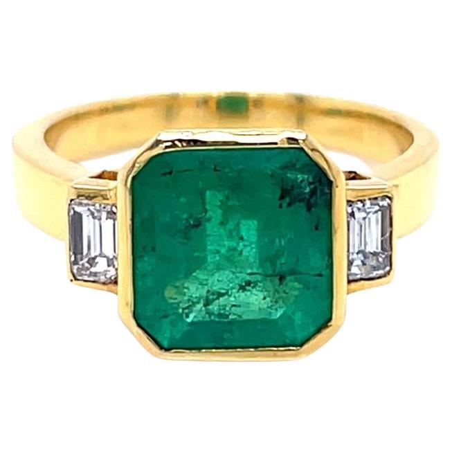 2.66 Carat Emerald and Diamond Three Stone Ring in 18K Yellow Gold