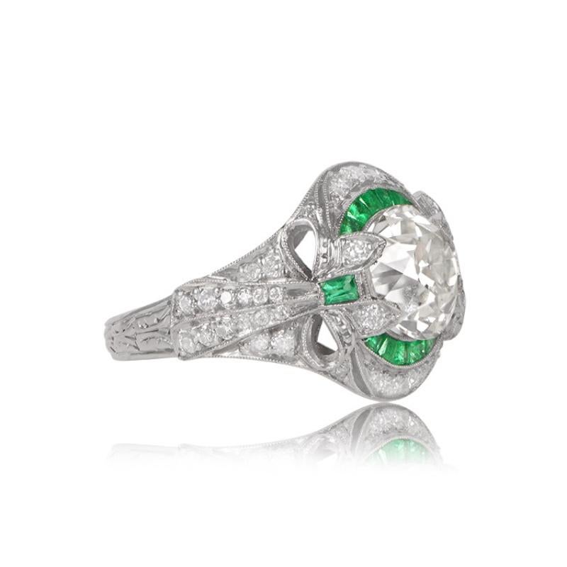 Old European Cut 2.66 Carat Euro Cut Diamond Engagement Ring, Emerald Halo For Sale