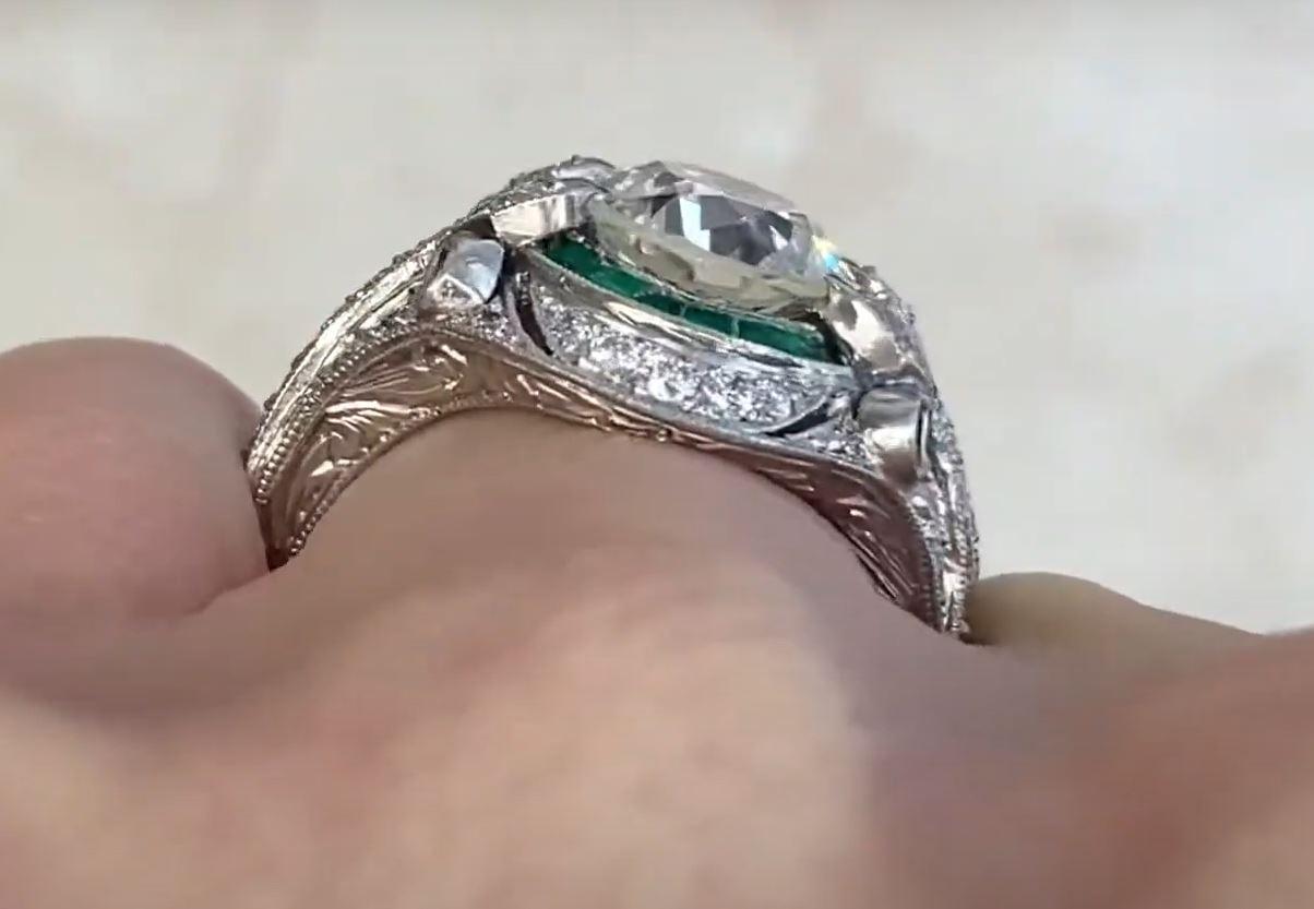 2.66 Carat Euro Cut Diamond Engagement Ring, Emerald Halo For Sale 3