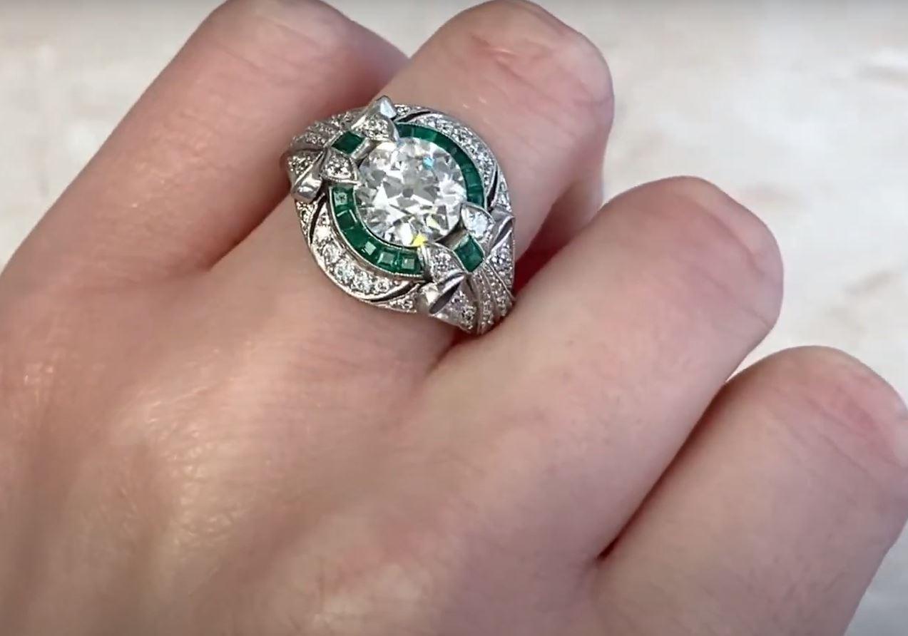 2.66 Carat Euro Cut Diamond Engagement Ring, Emerald Halo For Sale 4