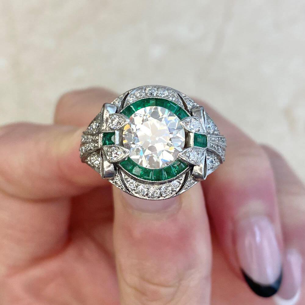 2.66 Carat Euro Cut Diamond Engagement Ring, Emerald Halo For Sale 6