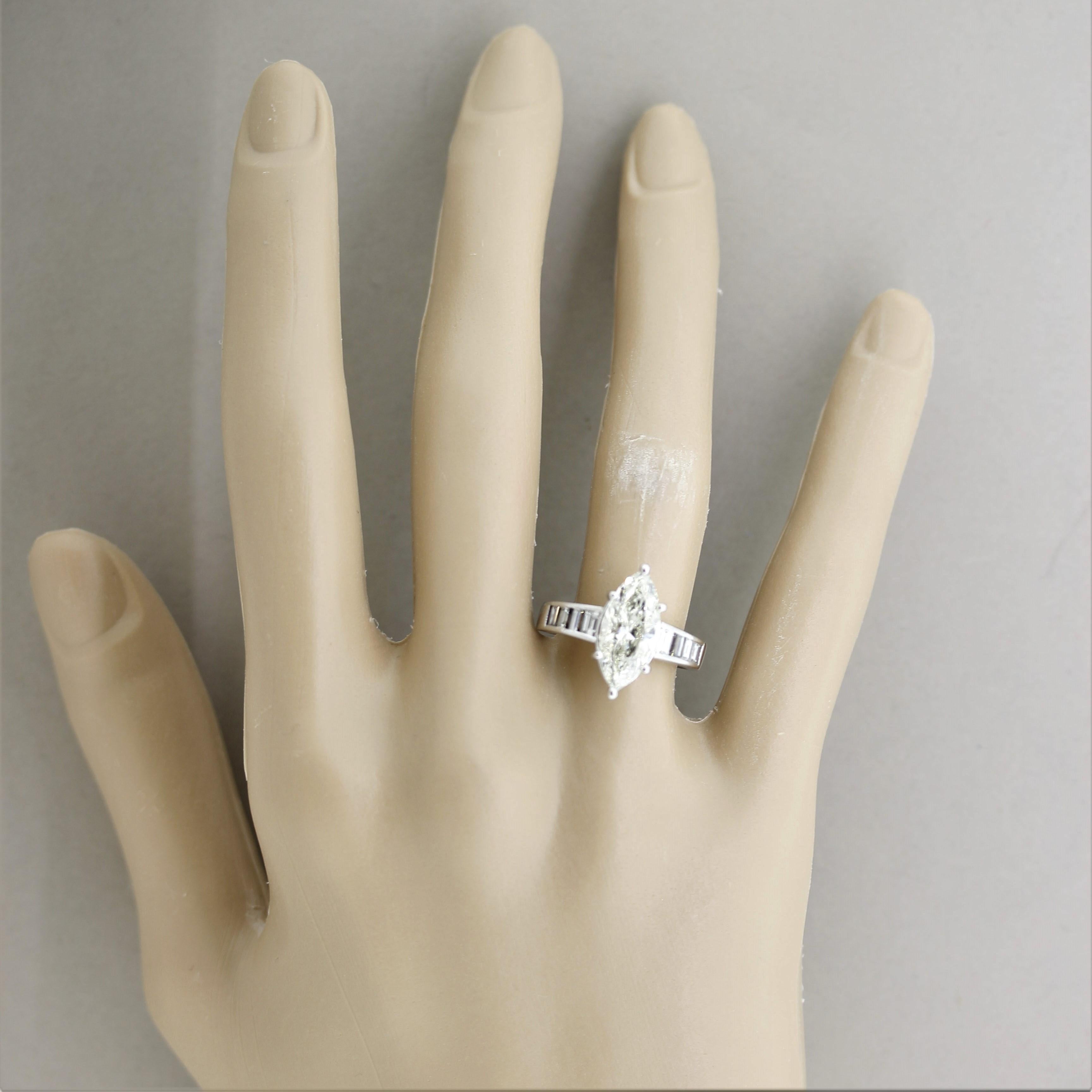2.66 Carat Marquise Diamond Platinum Engagement Ring For Sale 2