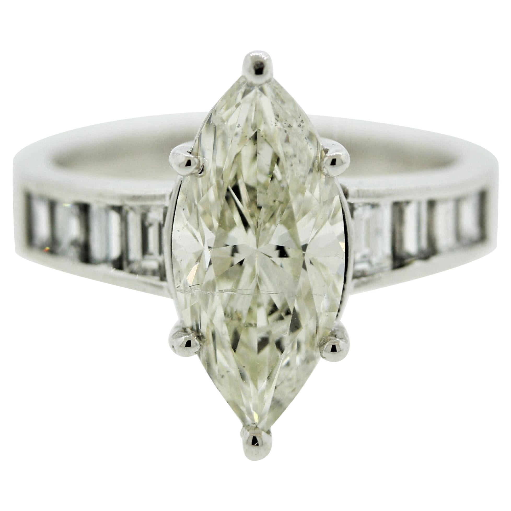 2.66 Carat Marquise Diamond Platinum Engagement Ring For Sale