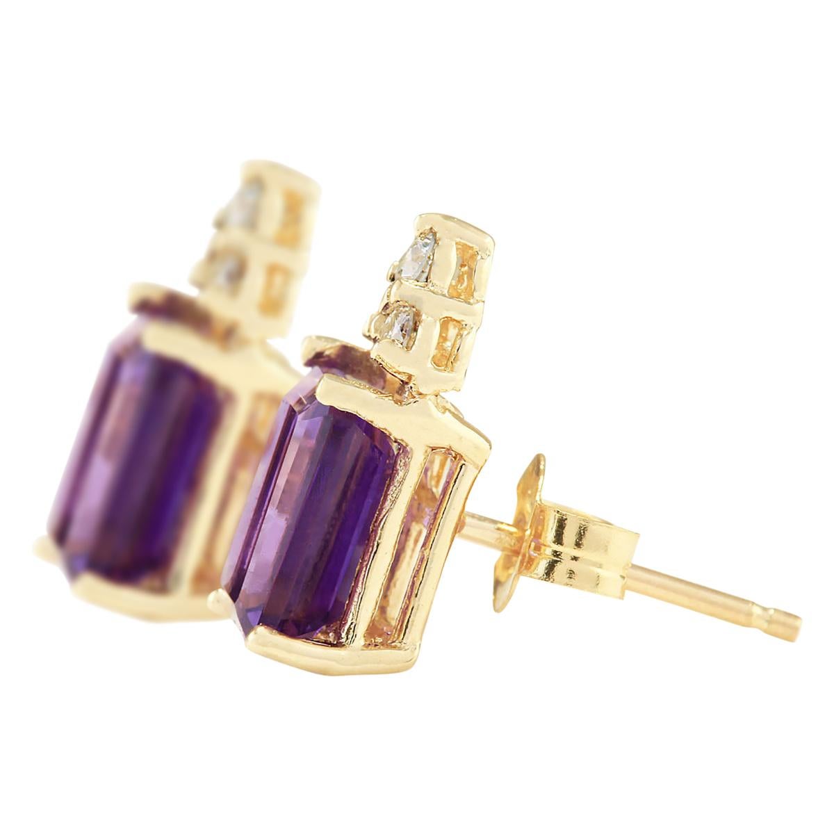 2.66 Carat Natural Amethyst 14 Karat Yellow Gold Diamond Earrings
Stamped: 14K Yellow Gold
Total Earrings Weight: 1.2 Grams
Total Natural Amethyst Weight is 2.50 Carat (Measures: 7.00x5.00 mm)
Color: Purple
Total Natural Diamond Weight is 0.16