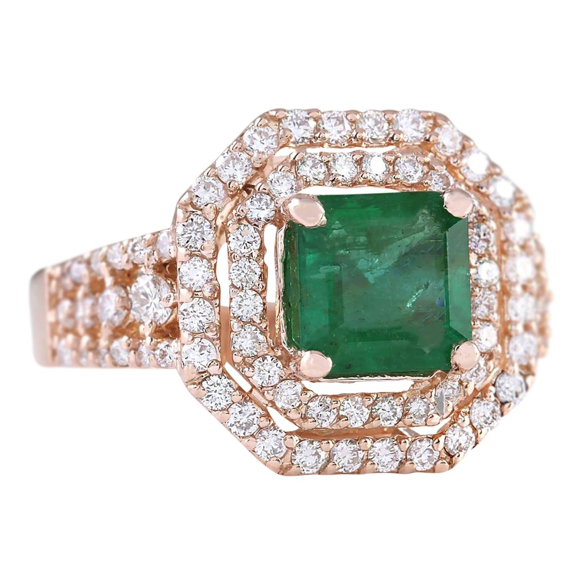 2.66 Carat Natural Emerald 14 Karat Rose Gold Diamond Ring
Stamped: 14K Rose Gold
Total Ring Weight: 6.5 Grams
Total Natural Emerald Weight is 1.86 Carat (Measures: 7.50x7.50 mm)
Color: Green
Total Natural Diamond Weight is 0.80 Carat
Color: F-G,