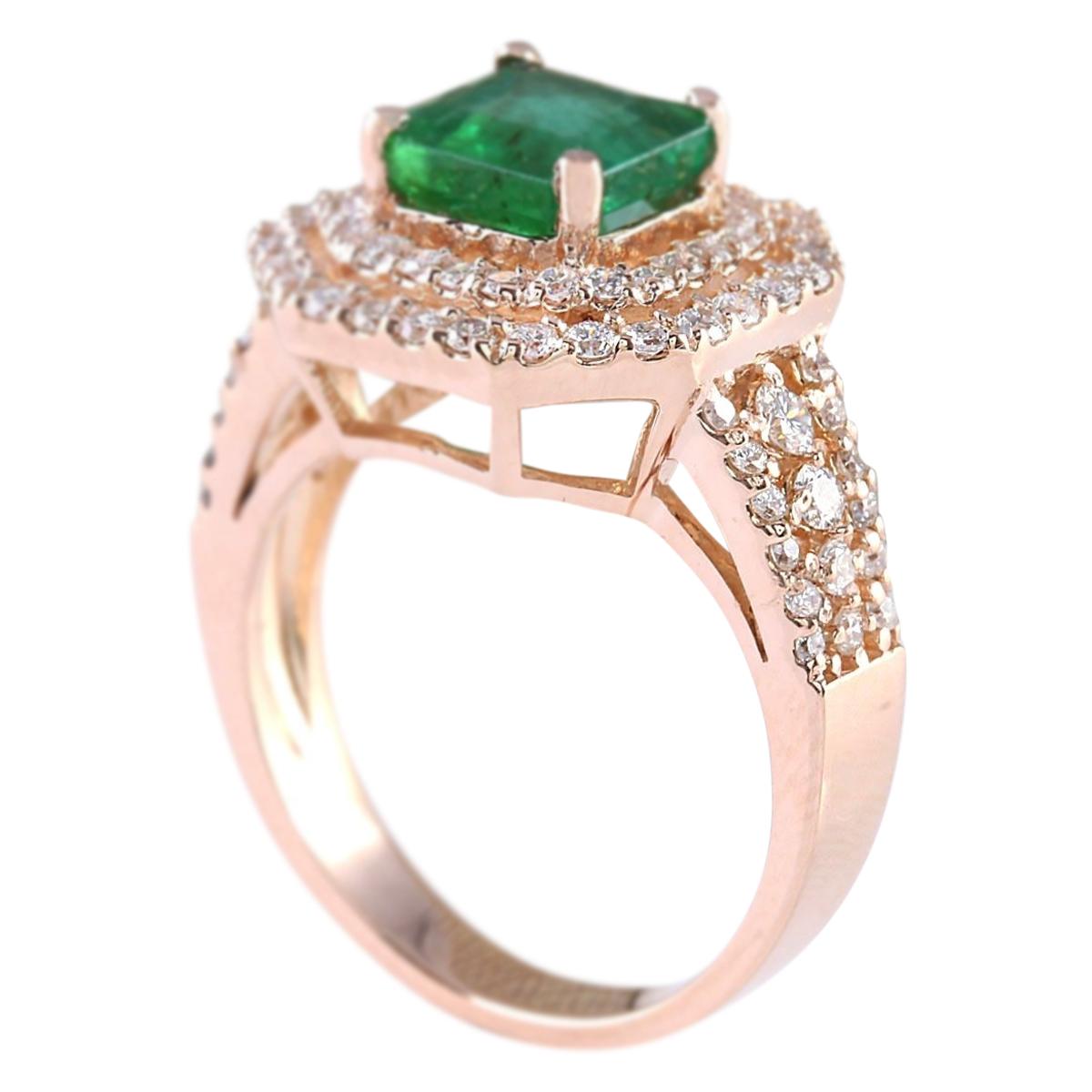 Emerald Cut Natural Emerald 14 Karat Rose Gold Diamond Ring For Sale