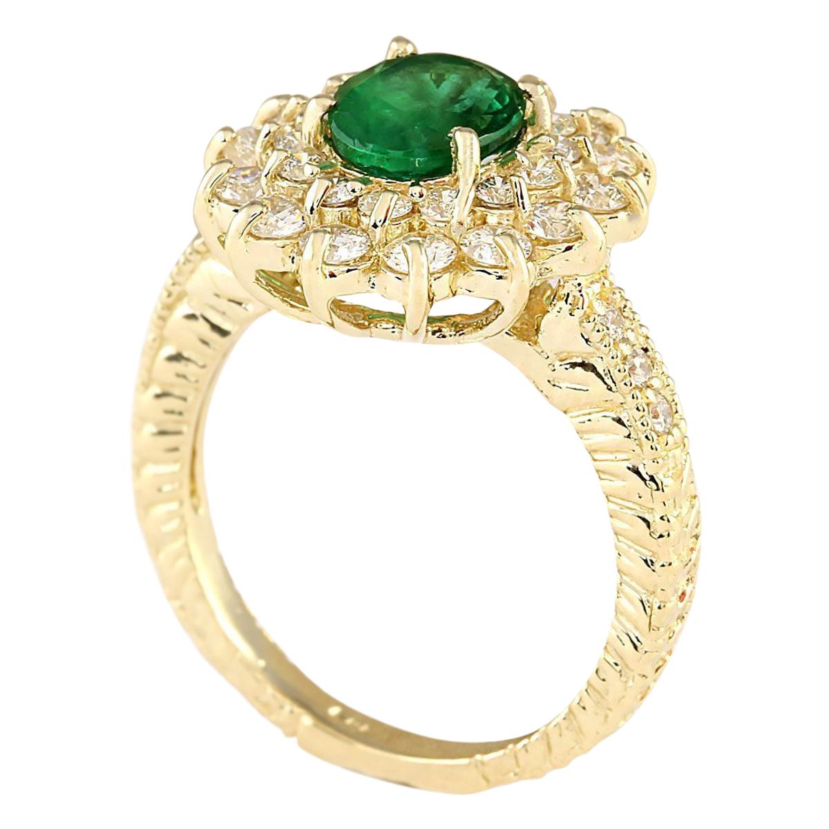 Oval Cut Emerald Diamond Ring In 14 Karat Yellow Gold For Sale