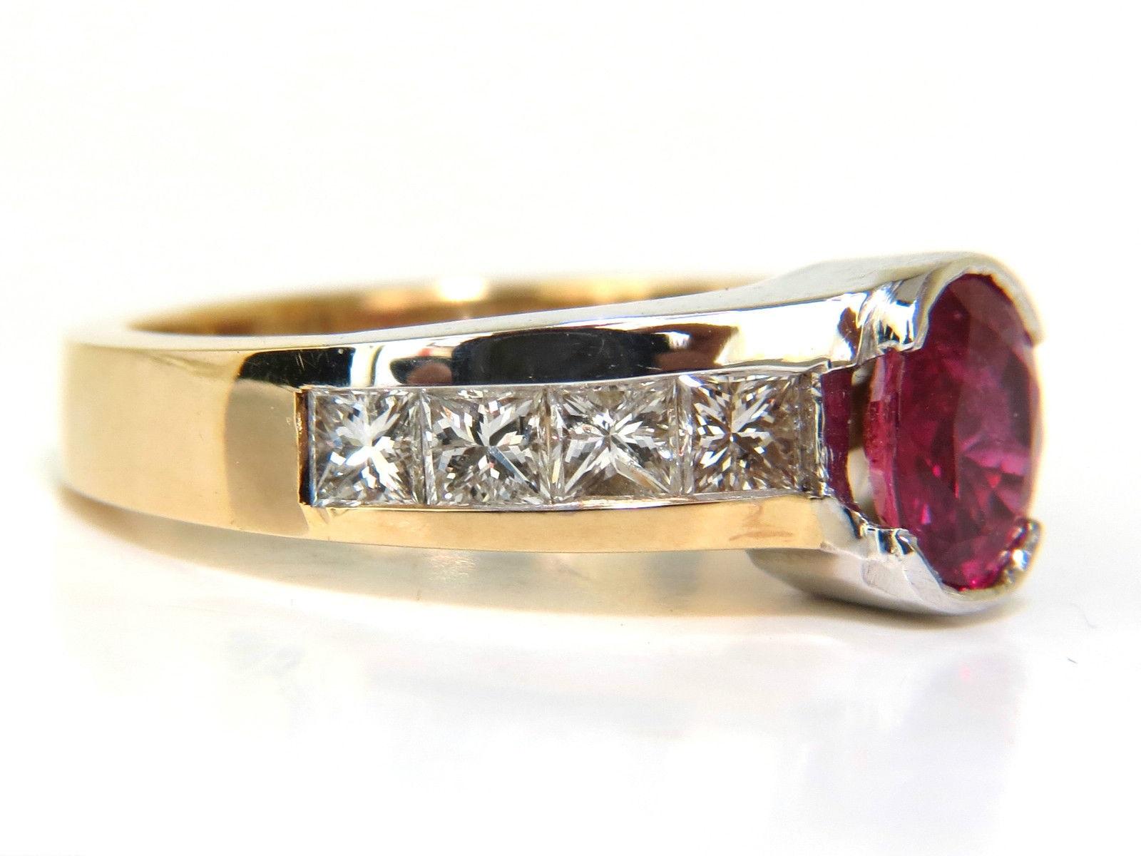 1.16ct. Natural  oval ruby

Fully faceted cut

Transparent

Clean clarity, vibrant color

The Pigeon Blood

 

 1.50ct. Princess Cut Diamonds

Fine sparkles

Vs-2 clarity, G-color

14kt. Yellow gold.

Item: 5.9gms.

Ring is 7.8mm wide

Current size: