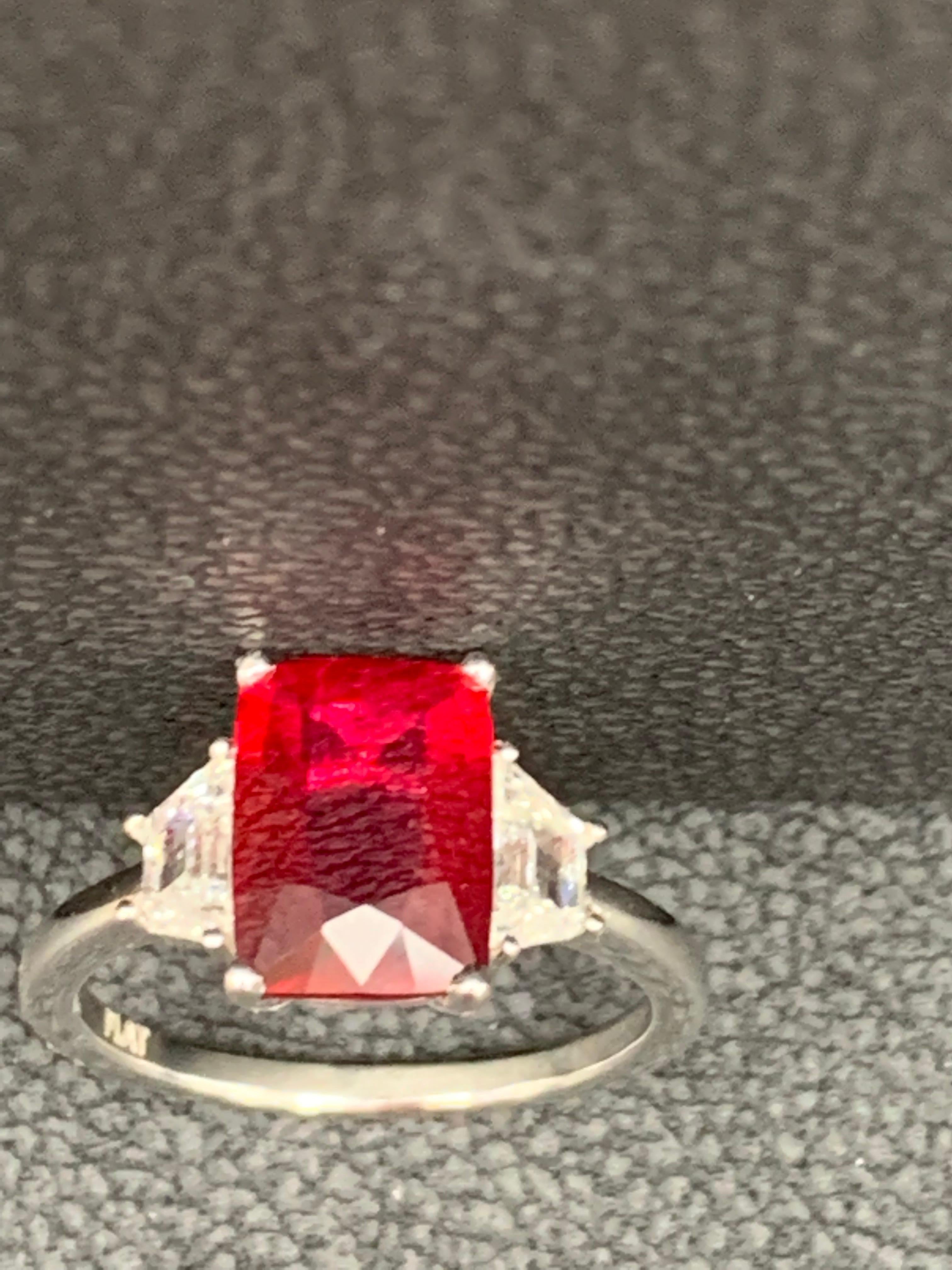2.66 Carat Natural Ruby and Diamond Three-Stone Engagement Ring in Platinum For Sale 5