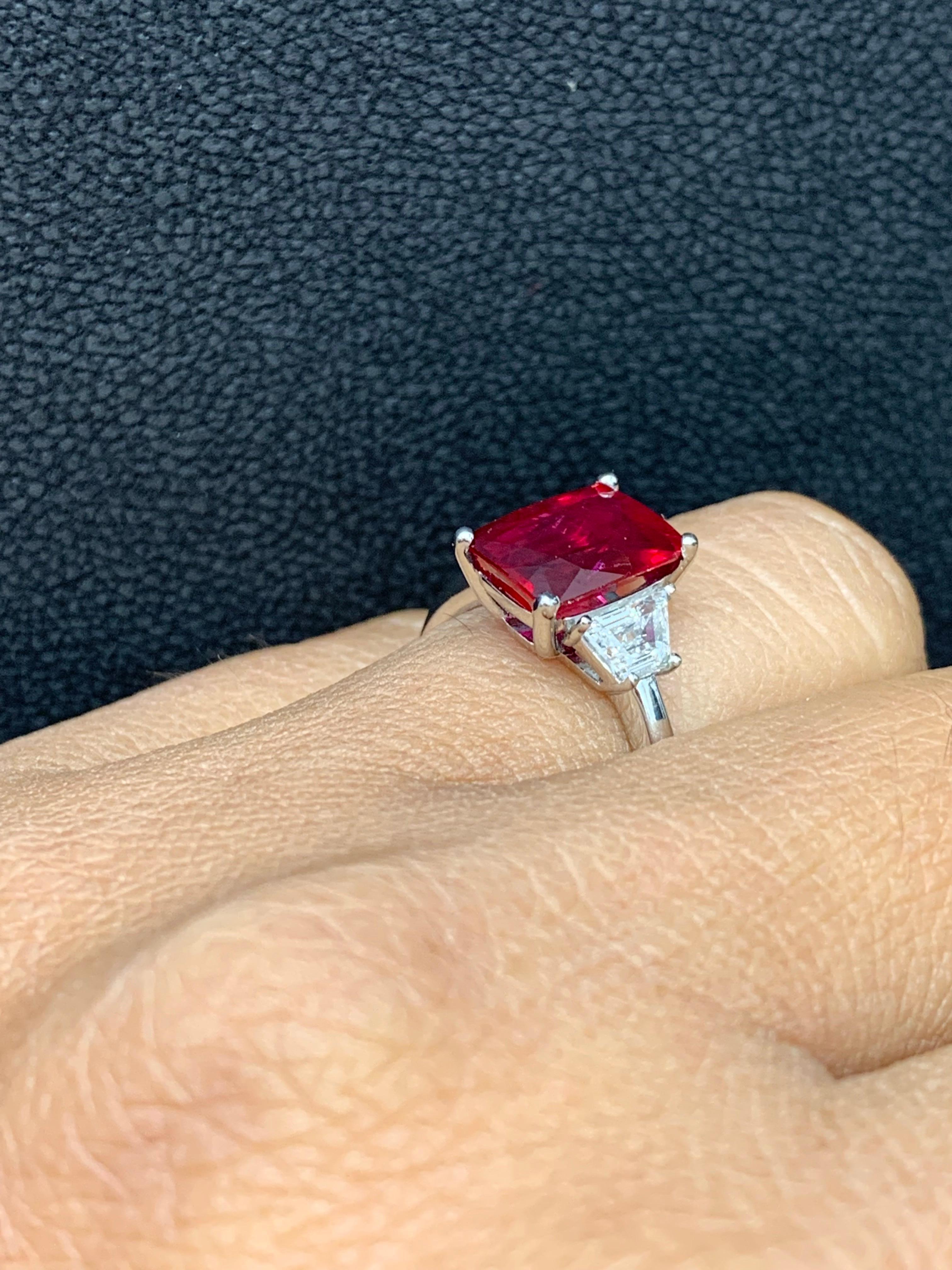 2.66 Carat Natural Ruby and Diamond Three-Stone Engagement Ring in Platinum For Sale 6