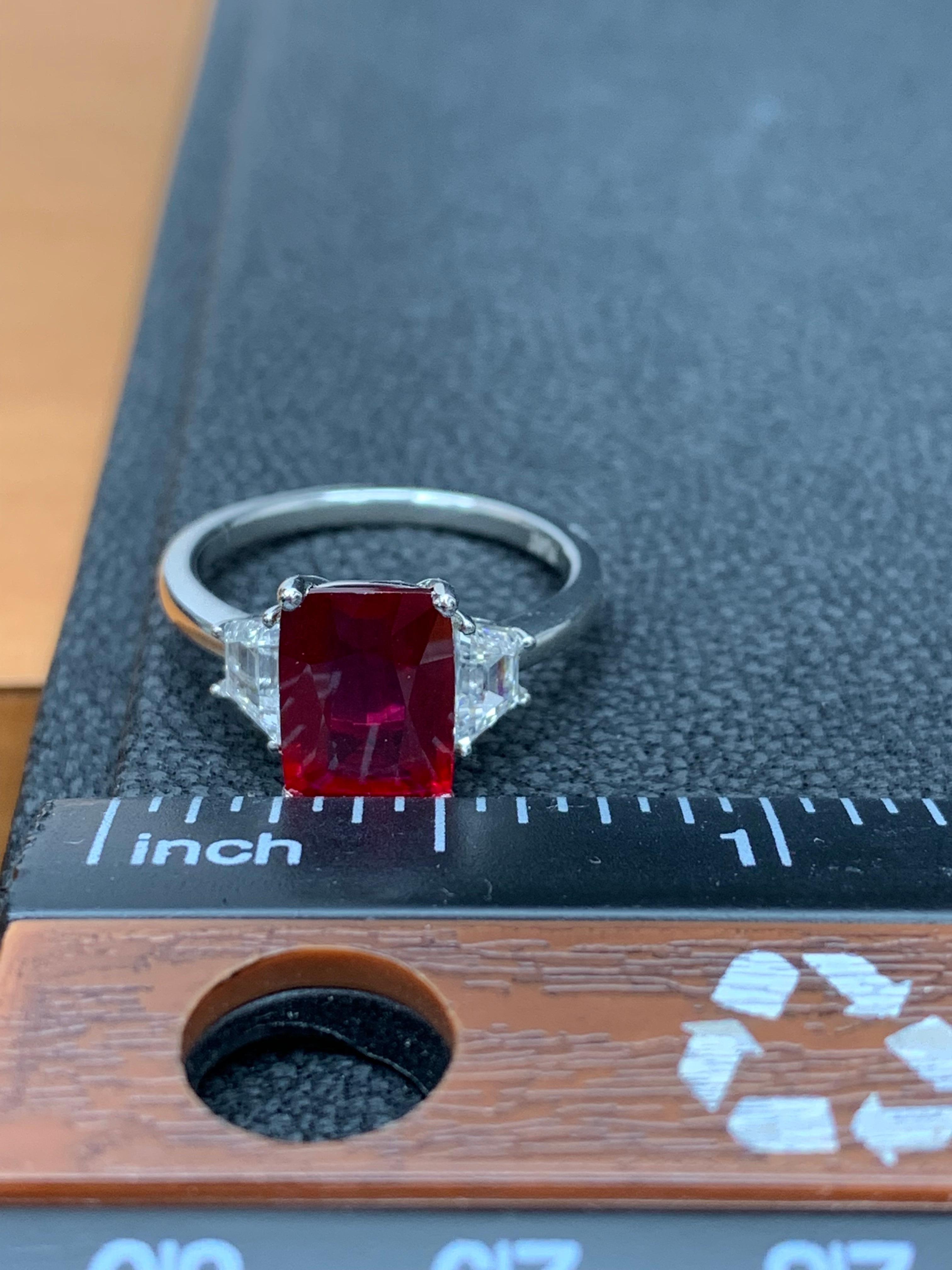 2.66 Carat Natural Ruby and Diamond Three-Stone Engagement Ring in Platinum In New Condition For Sale In NEW YORK, NY