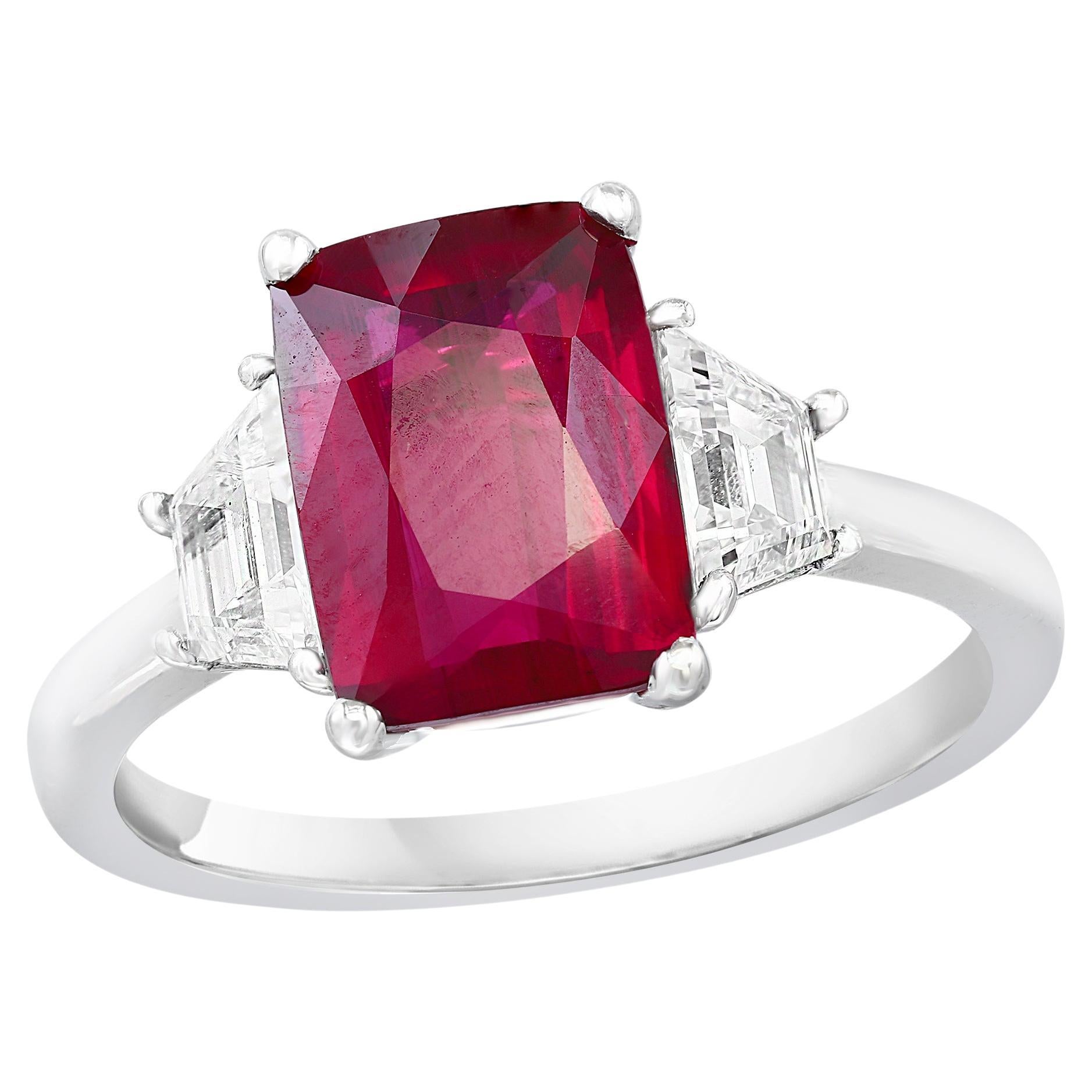 2.66 Carat Natural Ruby and Diamond Three-Stone Engagement Ring in Platinum For Sale