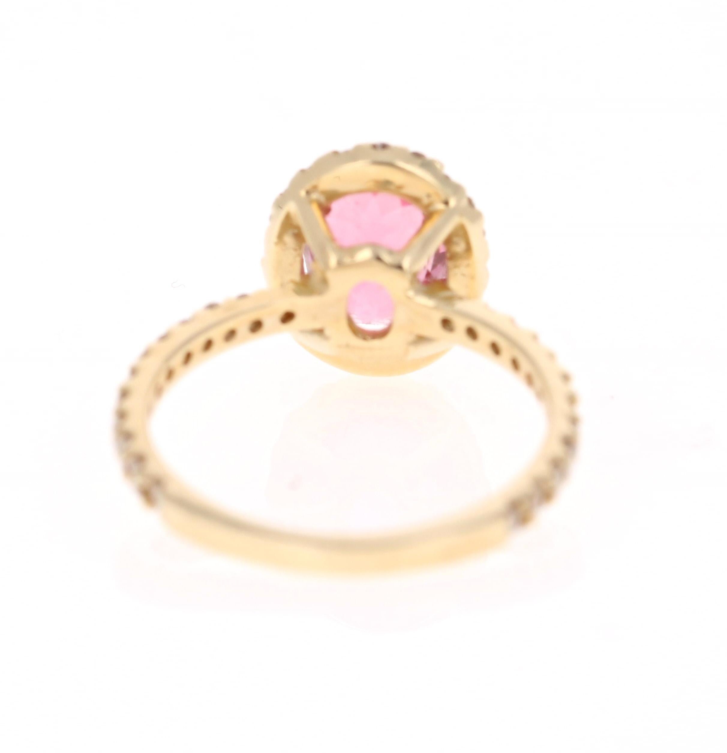 Oval Cut 2.66 Carat Pink Tourmaline Diamond 14 Karat Yellow Gold Ring For Sale