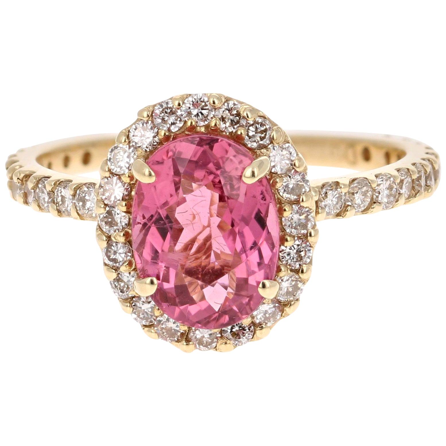 2.66 Carat Pink Tourmaline Diamond 14 Karat Yellow Gold Ring