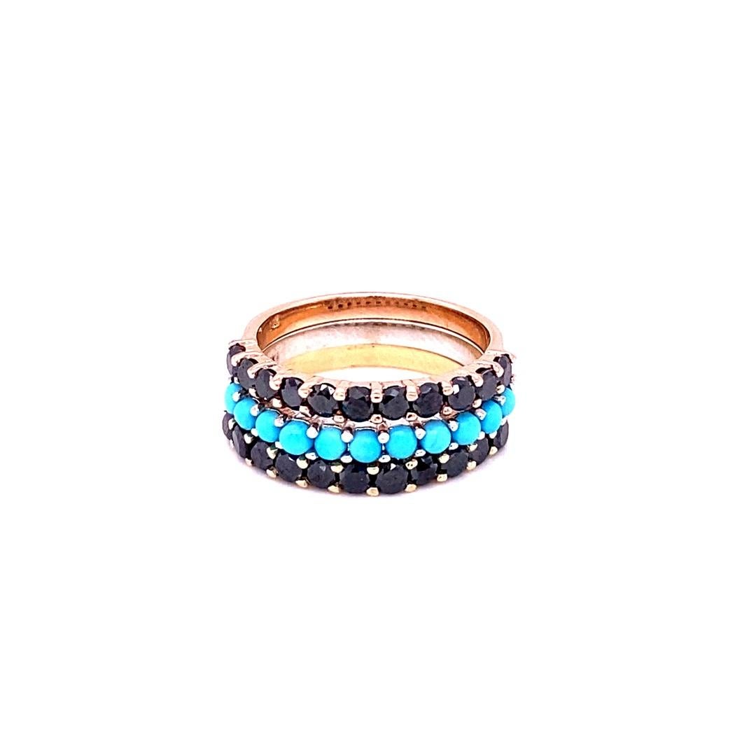 Set of 3 elegant and classy 2.66 Carat Black Diamond and Turquoise bands that are sure to be a great addition to your accessory collection! There are 22 Round Cut Black Diamonds in 2 of the bands that weigh approximately 2.00 Carats and 11 Round Cut