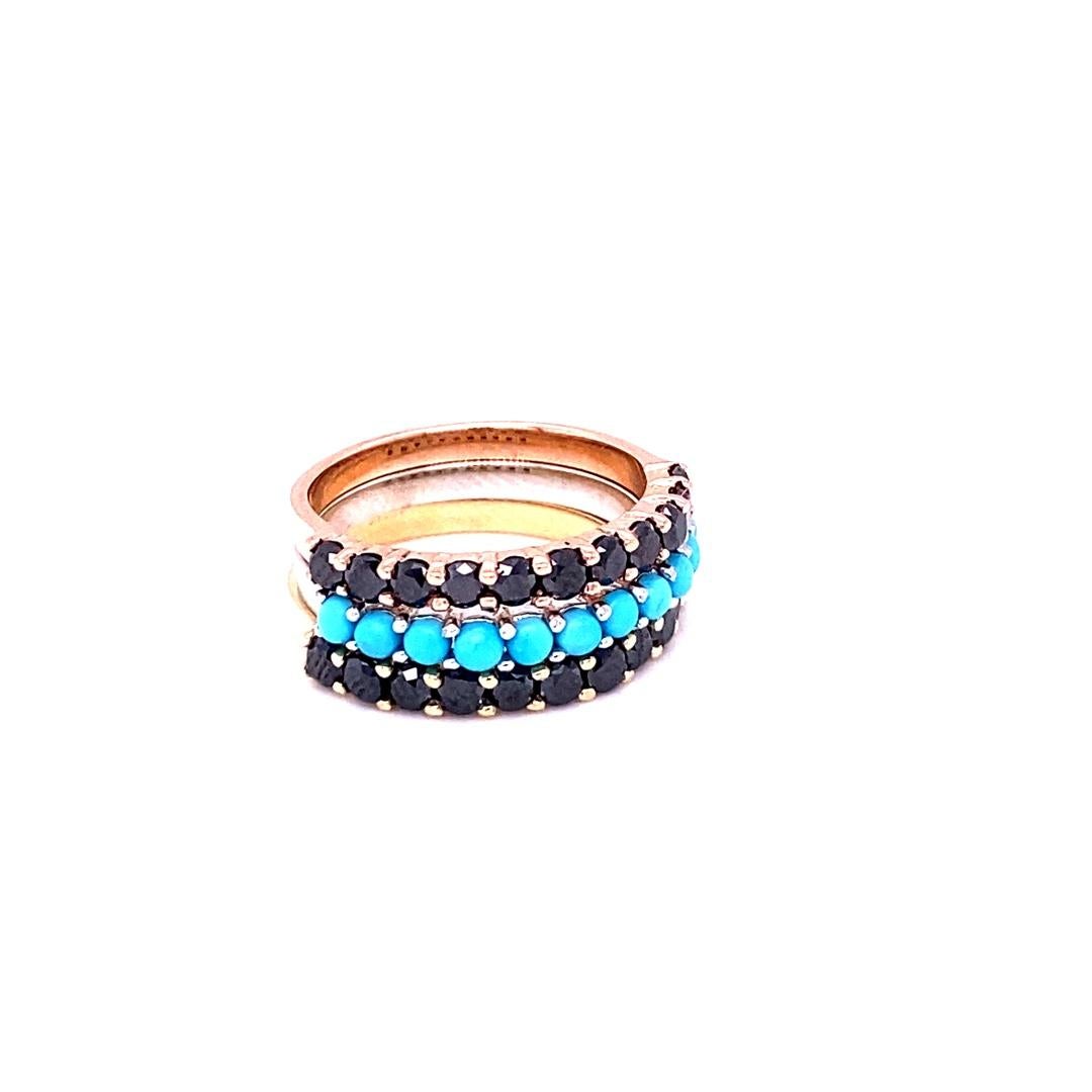 Contemporary 2.66 Carat Turquoise Black Diamond Sapphire Gold Band Set For Sale