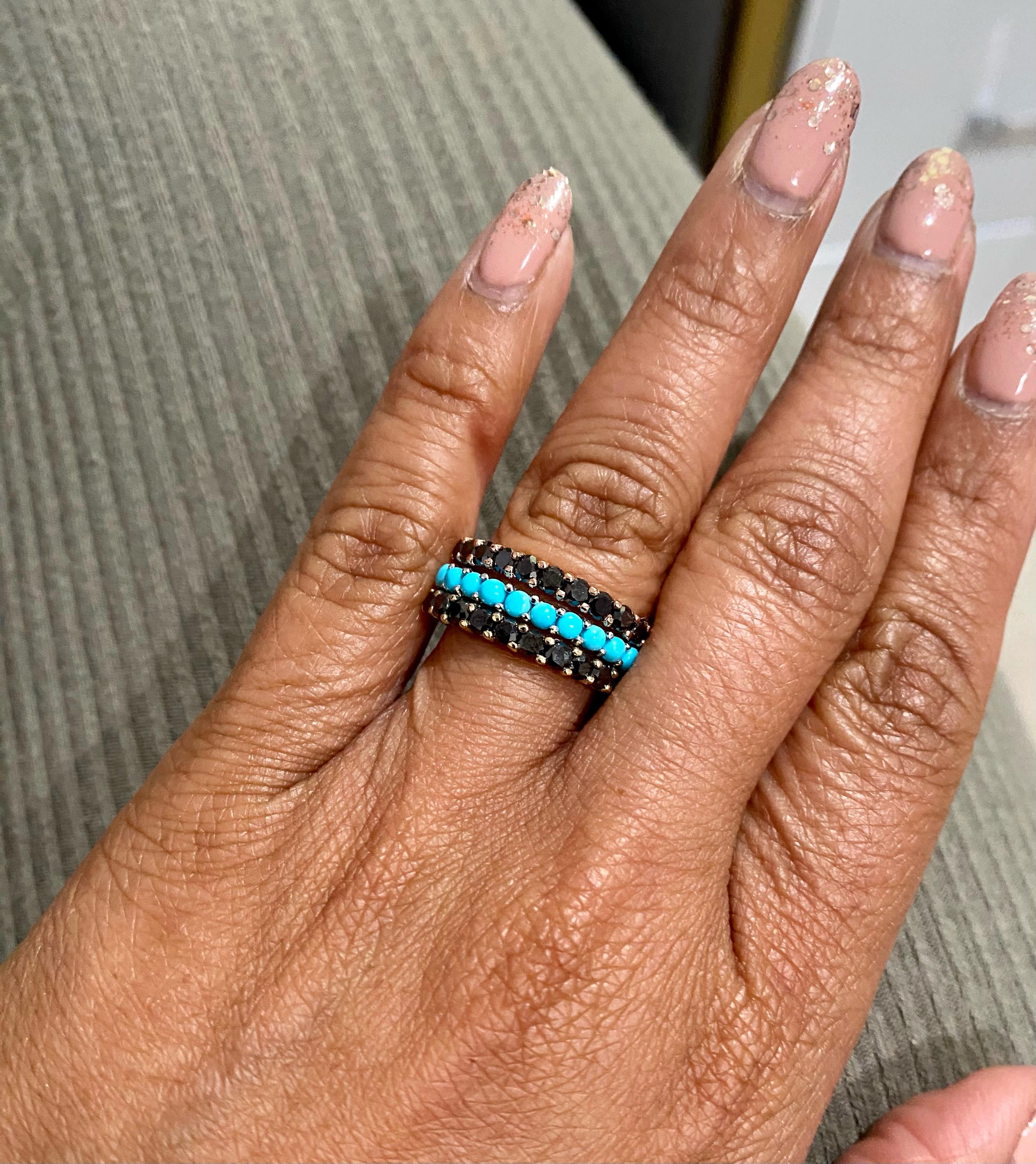 2.66 Carat Turquoise Black Diamond Sapphire Gold Band Set In New Condition For Sale In Los Angeles, CA