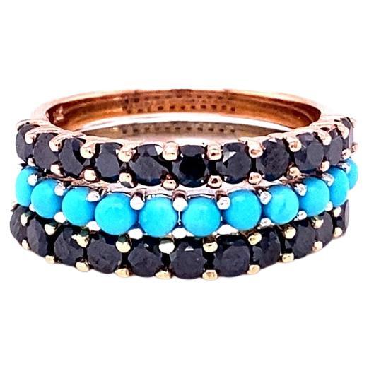 2.66 Carat Turquoise Black Diamond Sapphire Gold Band Set