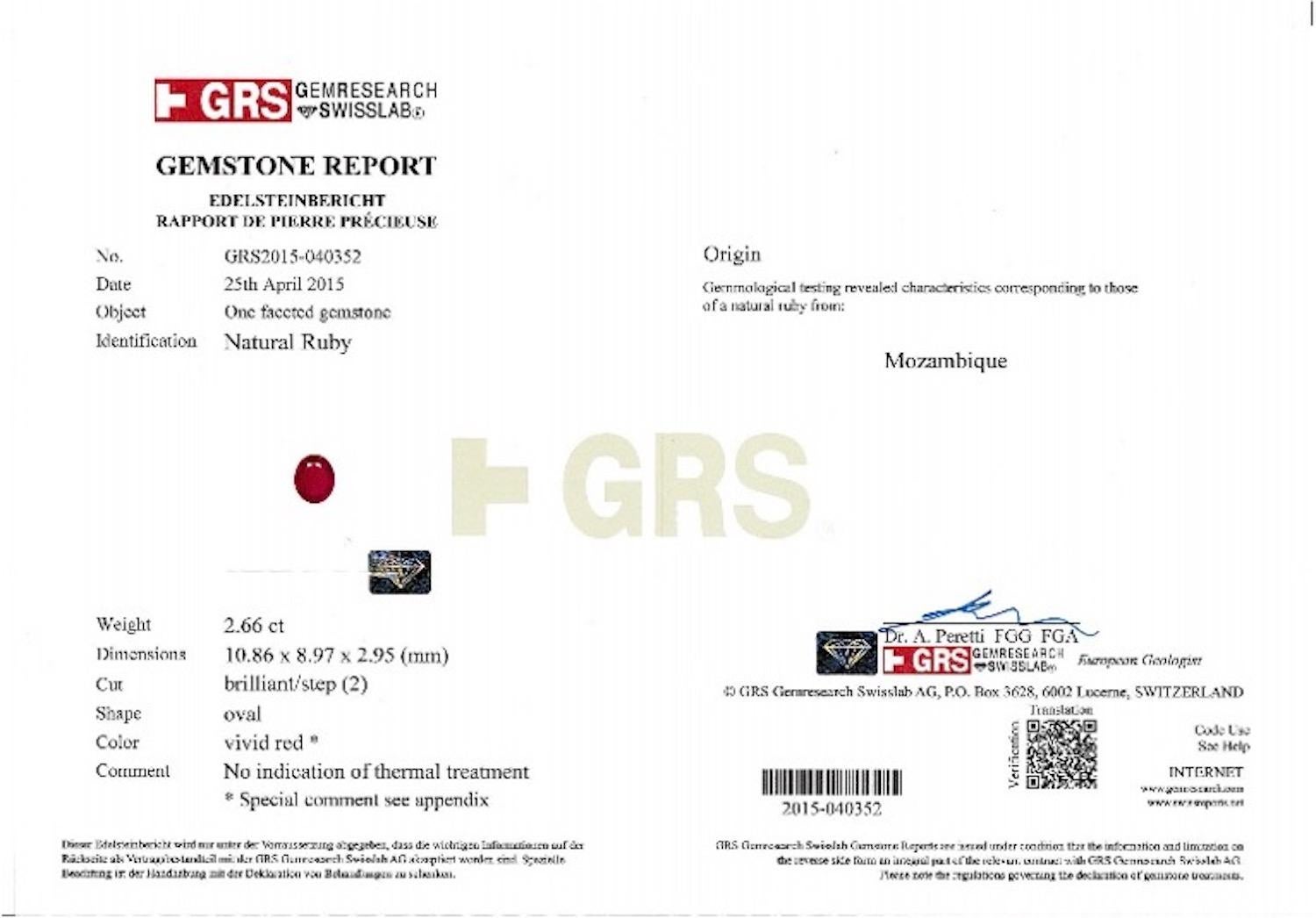 2,66 Karat unerhitzter Taubenblut-Rubin (Mozambique) Diamantring -GRS zertifiziert (Ovalschliff) im Angebot