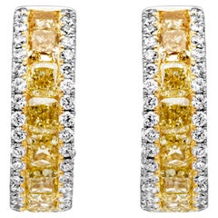 2.66 Carats Total Cushion Cut Fancy Yellow and White Diamond Pave Hoop Earrings