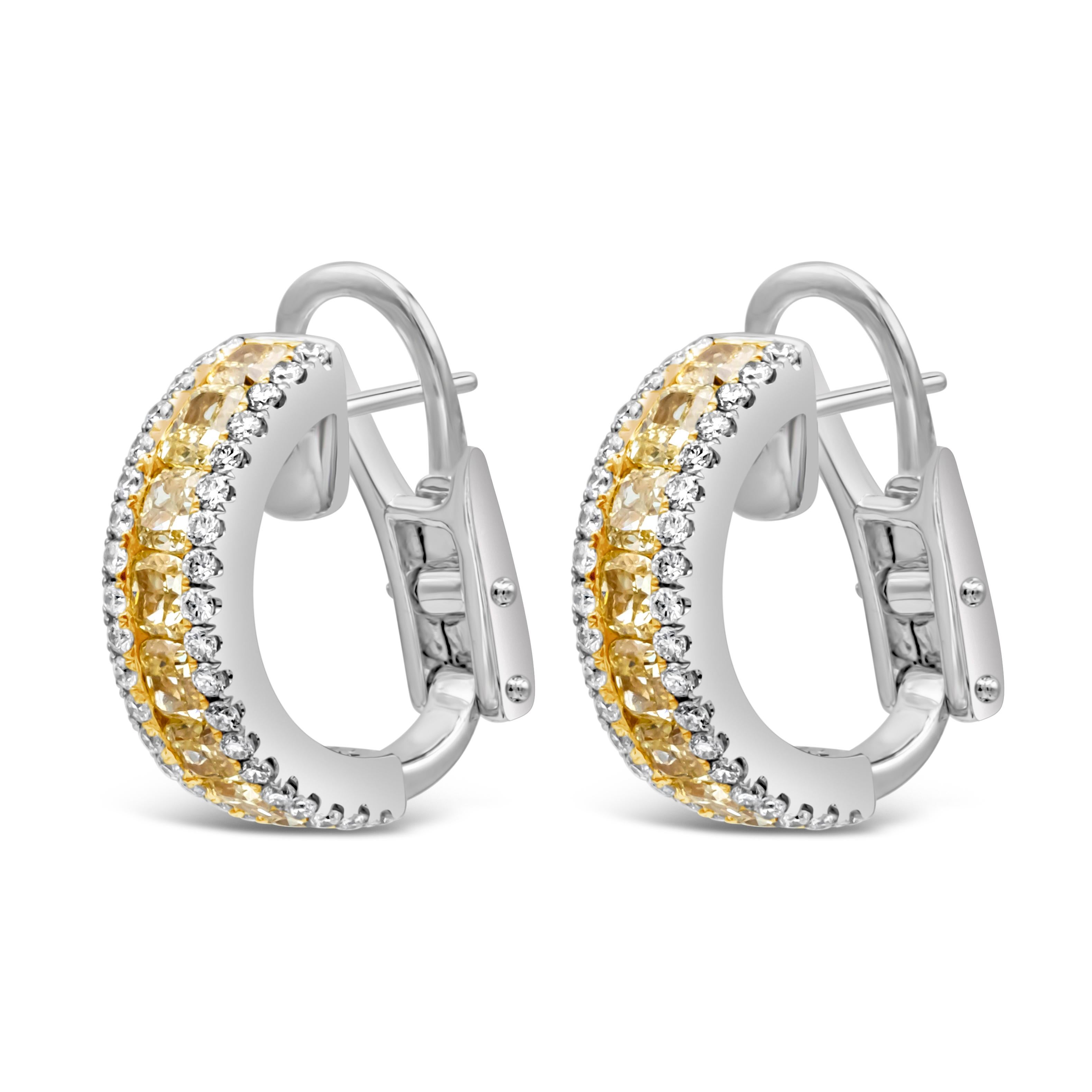 Contemporary 2.66 Carats Total Cushion Cut Fancy Yellow and White Diamond Pave Hoop Earrings For Sale