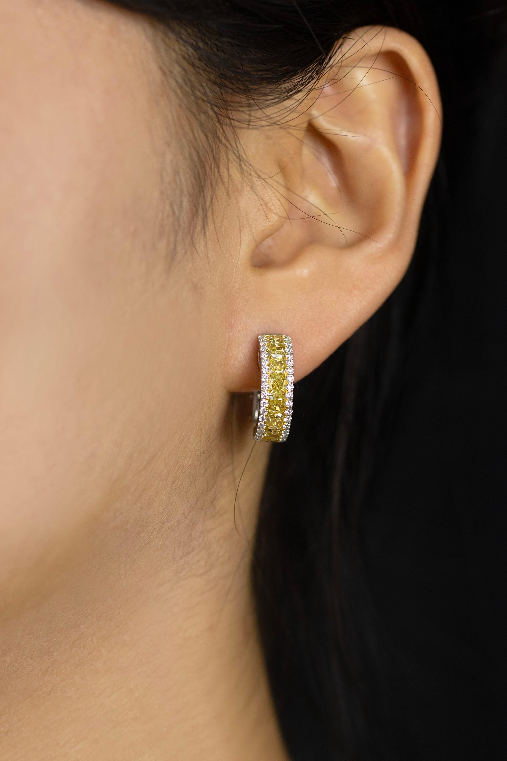 2.66 Carats Total Cushion Cut Fancy Yellow and White Diamond Pave Hoop Earrings For Sale 1