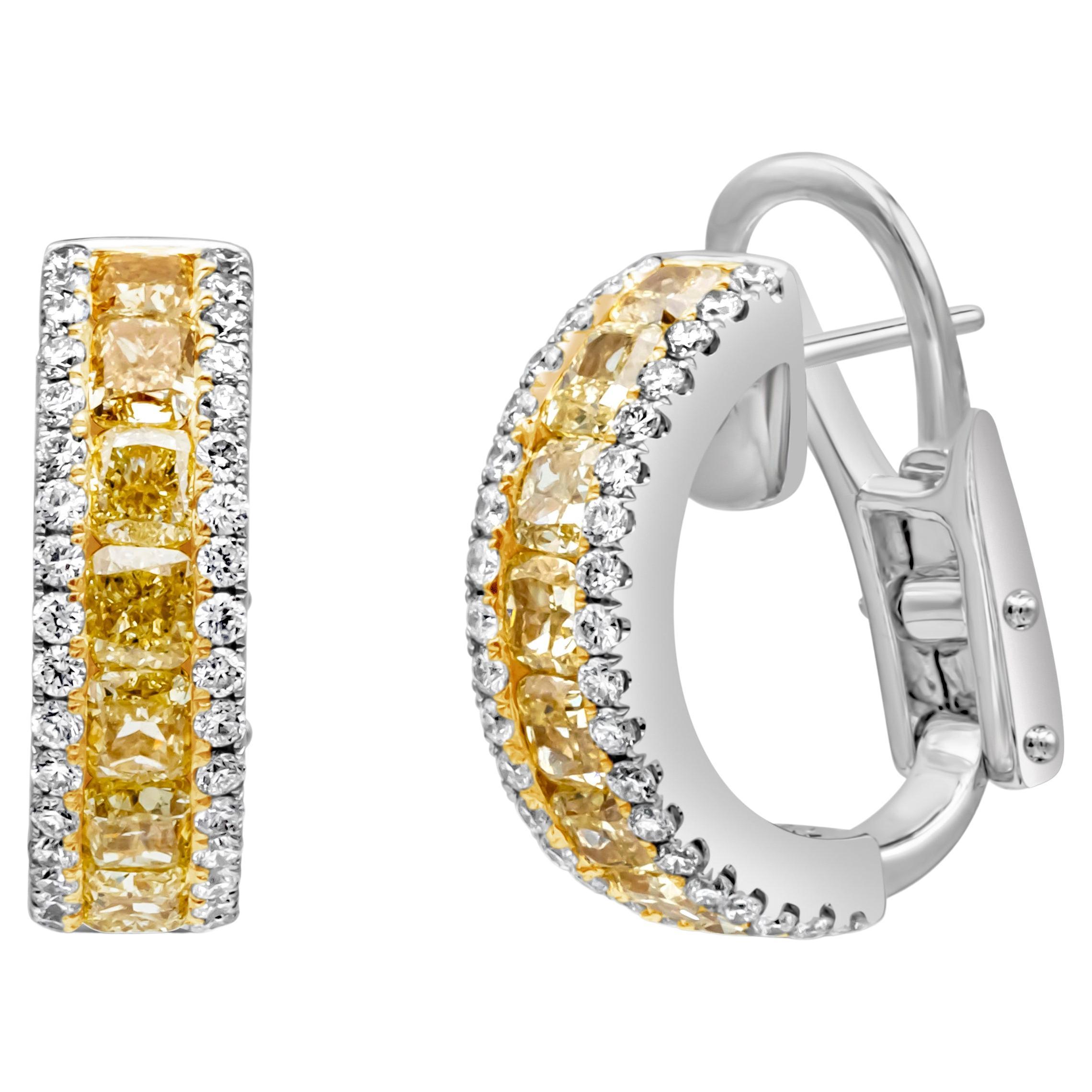 2,66 Karat Total Cushion Cut Fancy Yellow and White Diamond Pave Hoop Earrings im Angebot