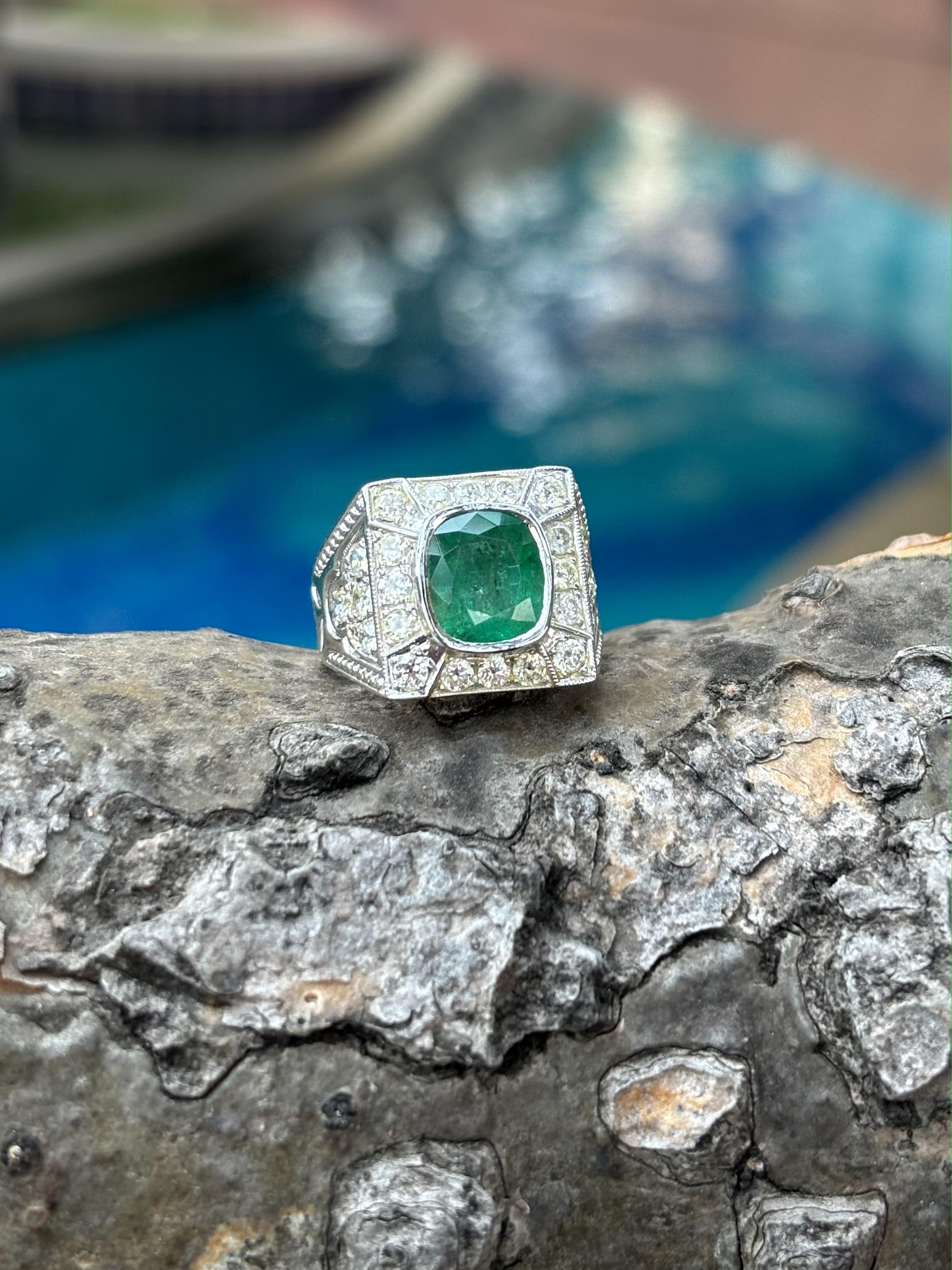 Emerald Cut 2.66 ct Zambian Emerald Art Deco Ring with Old Cut Diamonds in 18K Gold