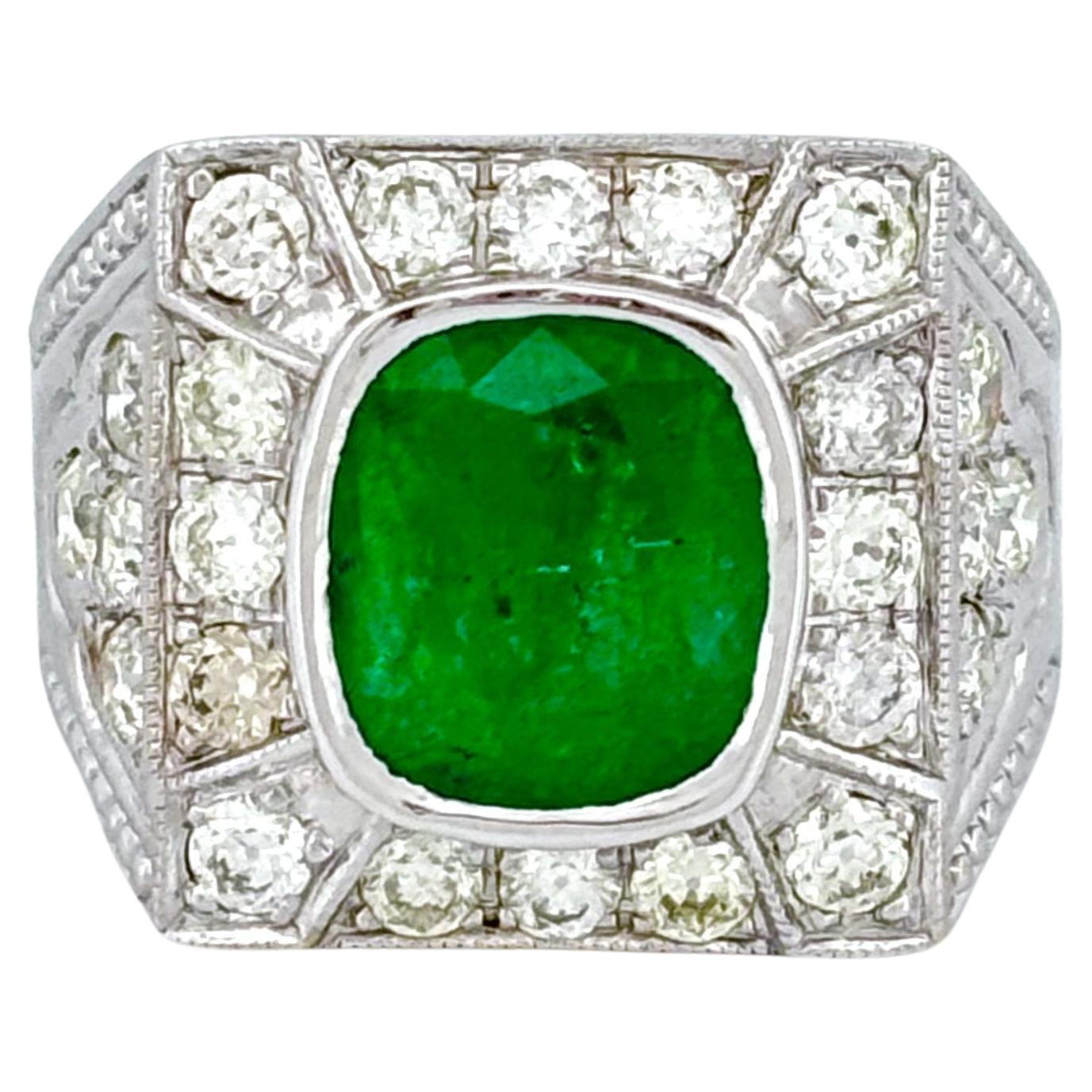 2.66 ct Zambian Emerald Art Deco Ring with Old Cut Diamonds in 18K Gold For Sale
