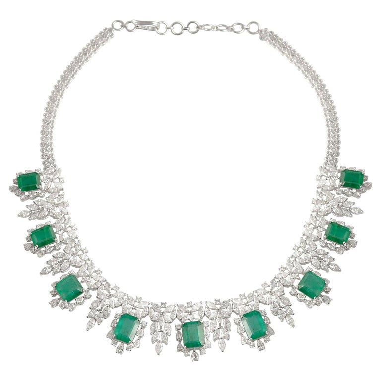 26.61 Carat Emerald 14 Karat White Gold Diamond Statement Necklace For ...