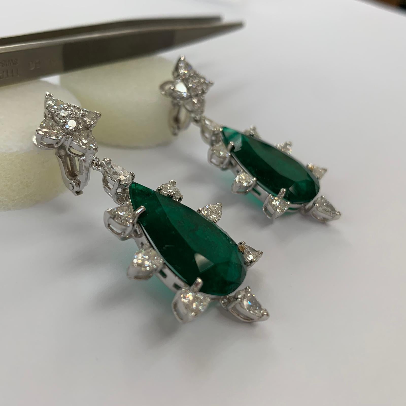IMPORTANT 26.62 Carat Natural Colombian Pear Shape Emerald and Diamond Earring 1