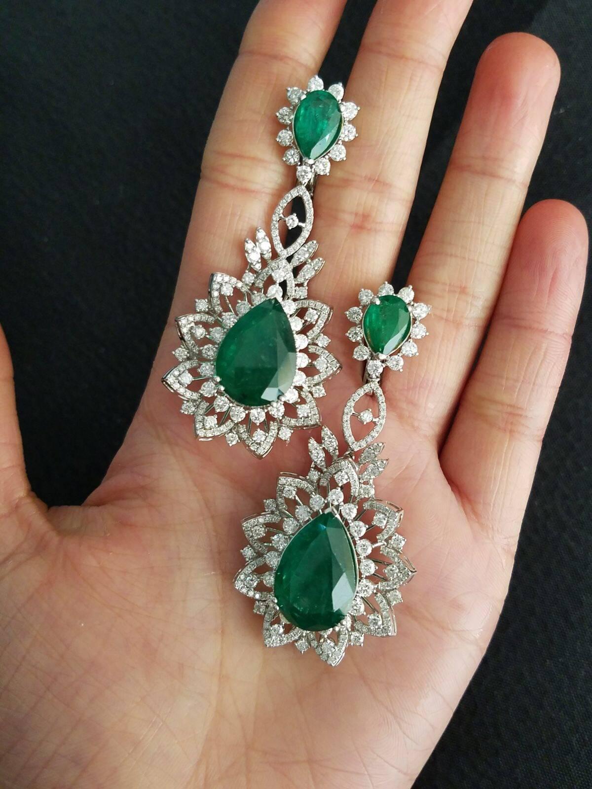 Art Deco 26.64 Carat Emerald Pear Shape and Diamond Dangle Earrings