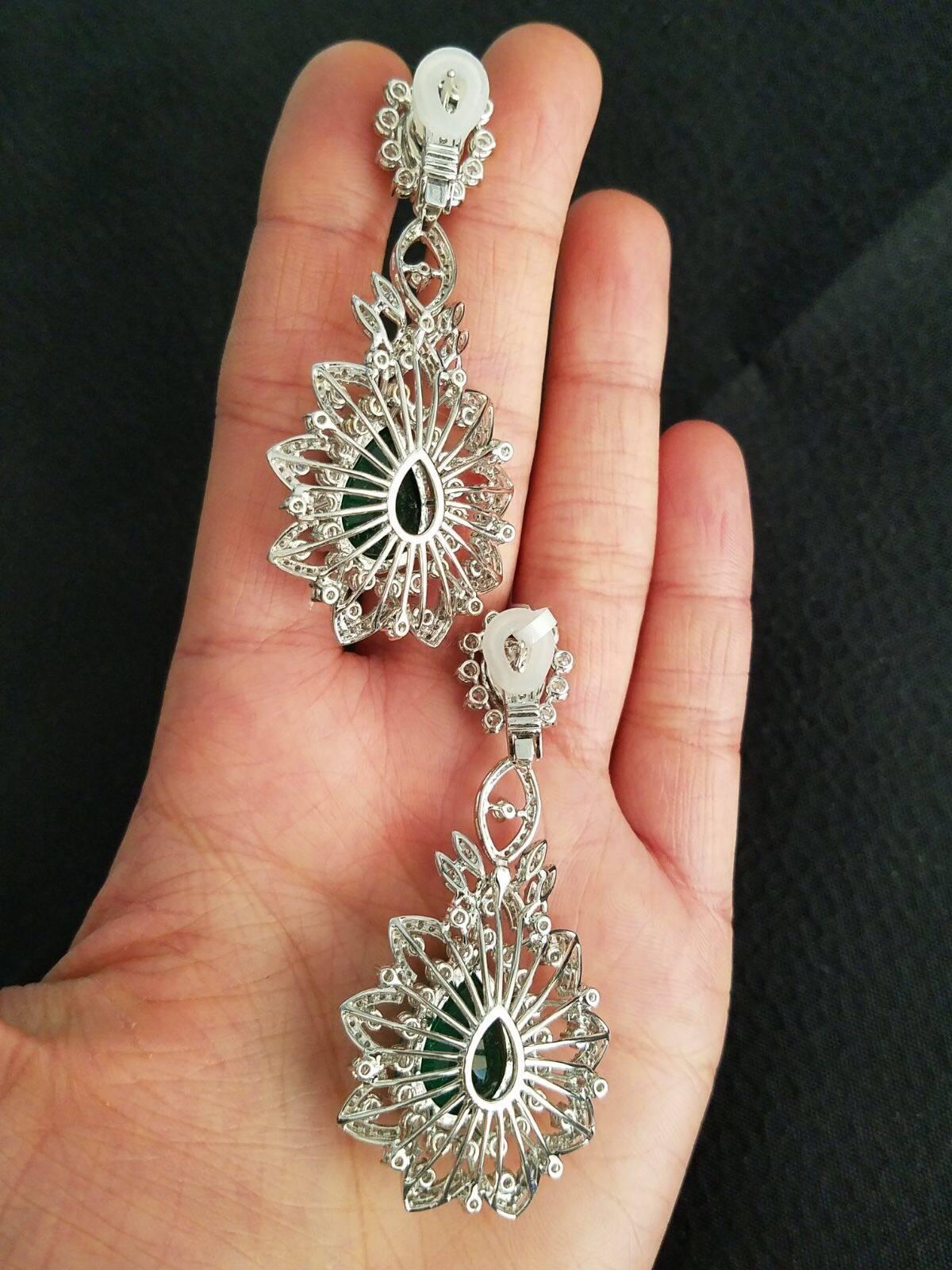 Pear Cut 26.64 Carat Emerald Pear Shape and Diamond Dangle Earrings