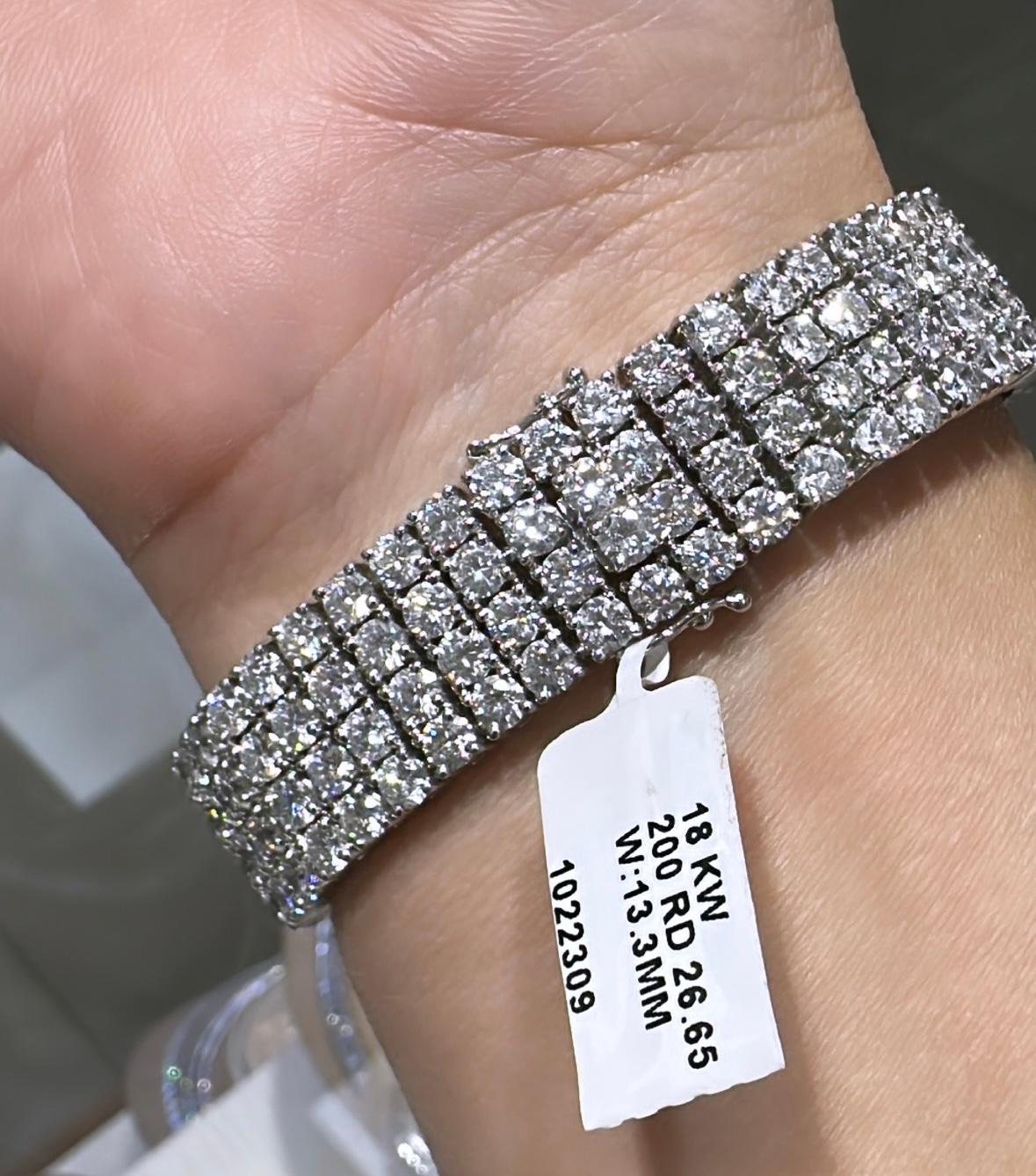 Round Cut 26.65ct t.w. Four Row Diamond Pave Statement Bracelet For Sale